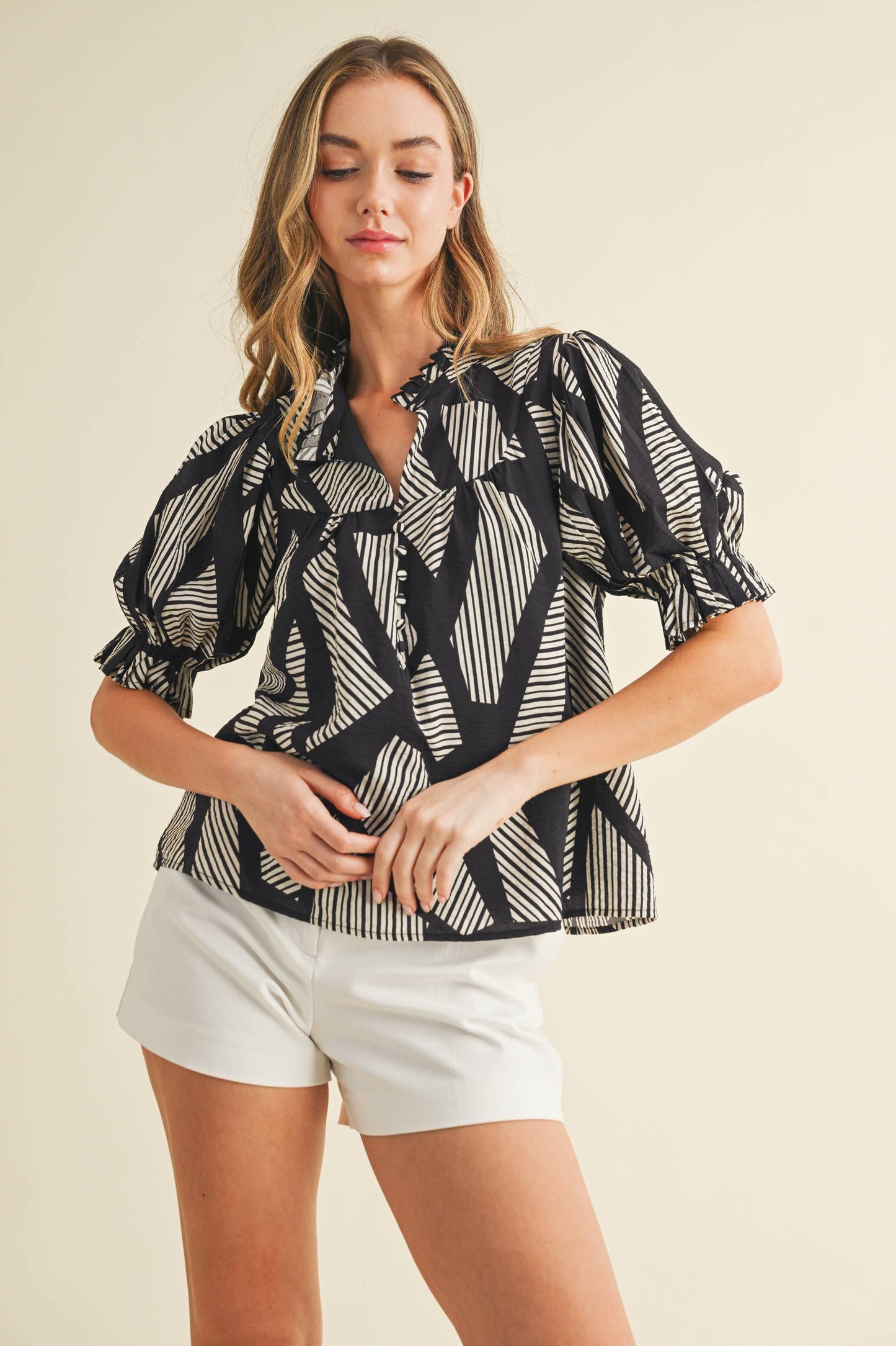 Geo Puff Sleeve Blouse