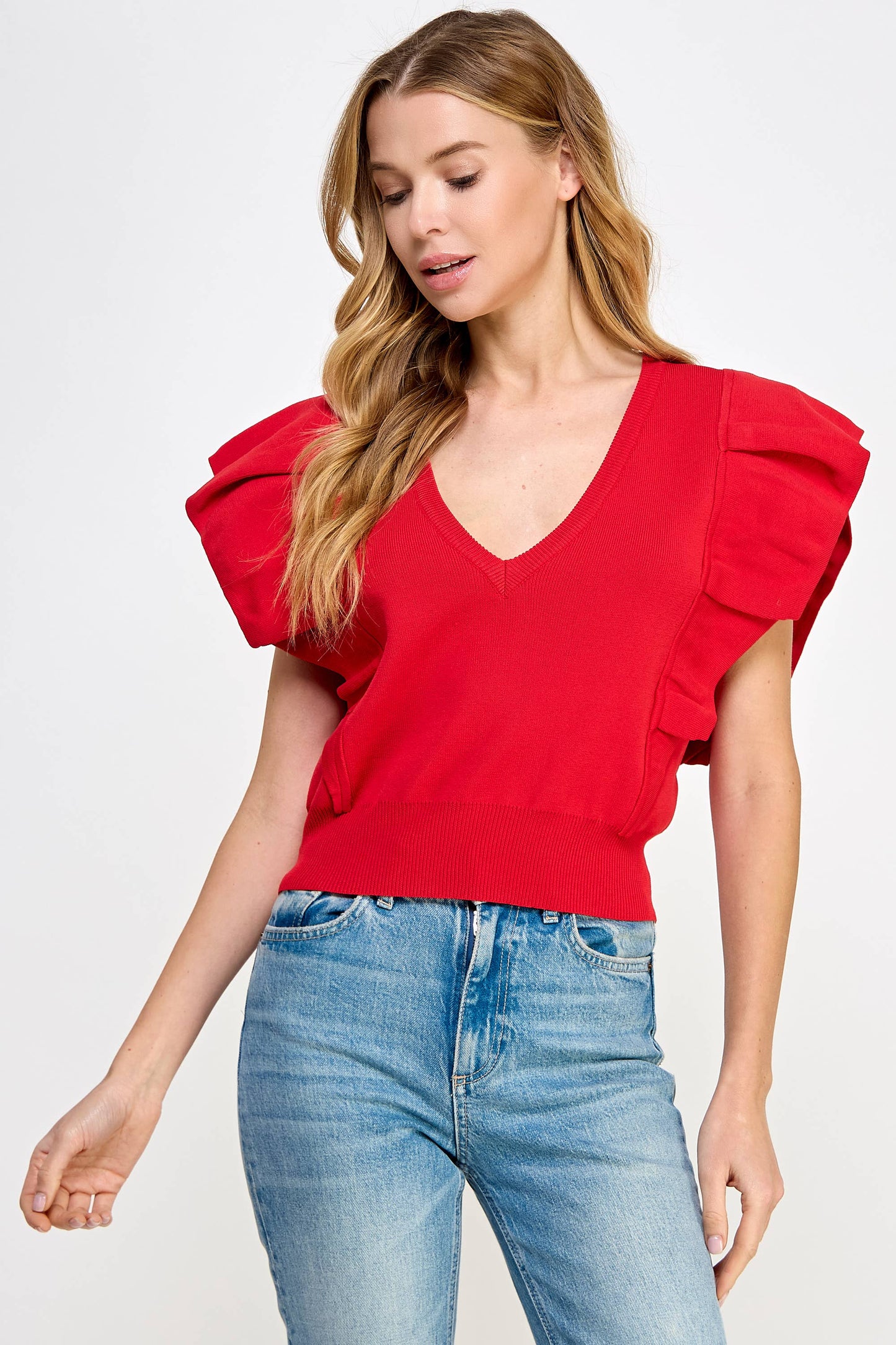 Pleated Knit Top - Red