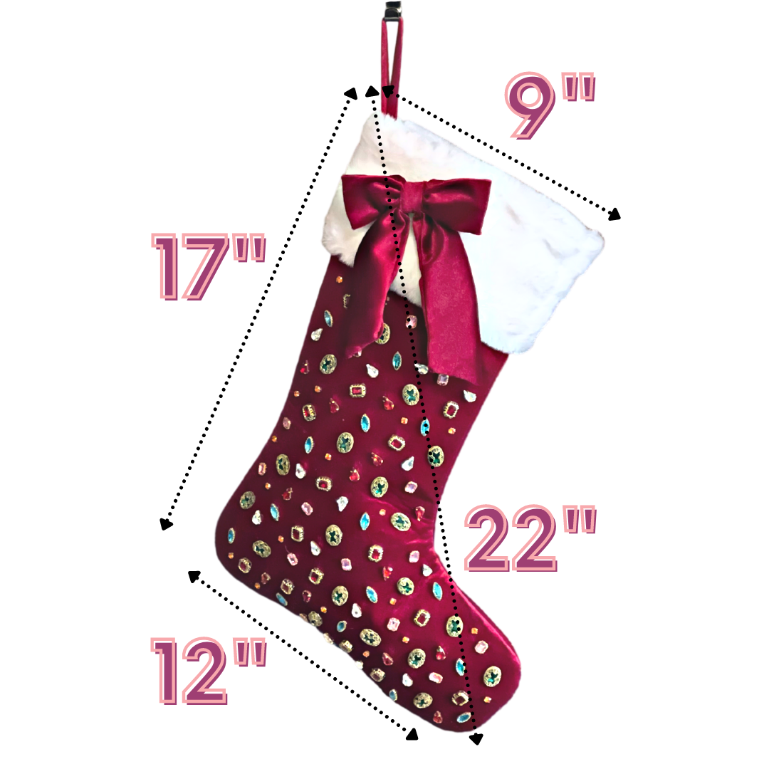 Bejeweled Velvet Stocking with Bow - Dark Berry Red