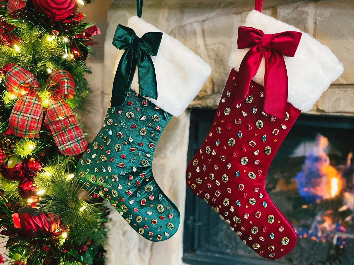 Bejeweled Velvet Stocking with Bow - Dark Berry Red