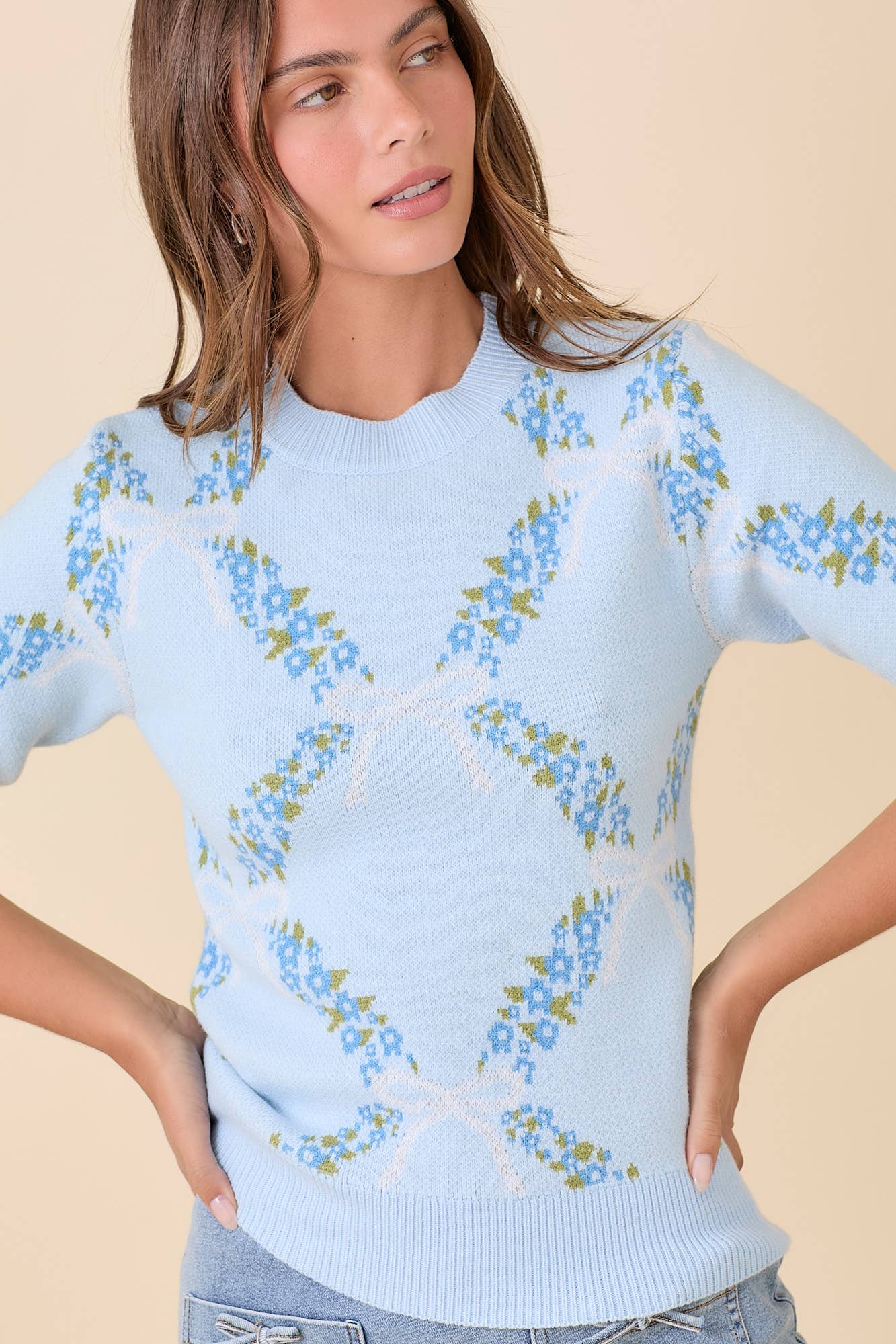 Floral Ribbon Sweater - Blue