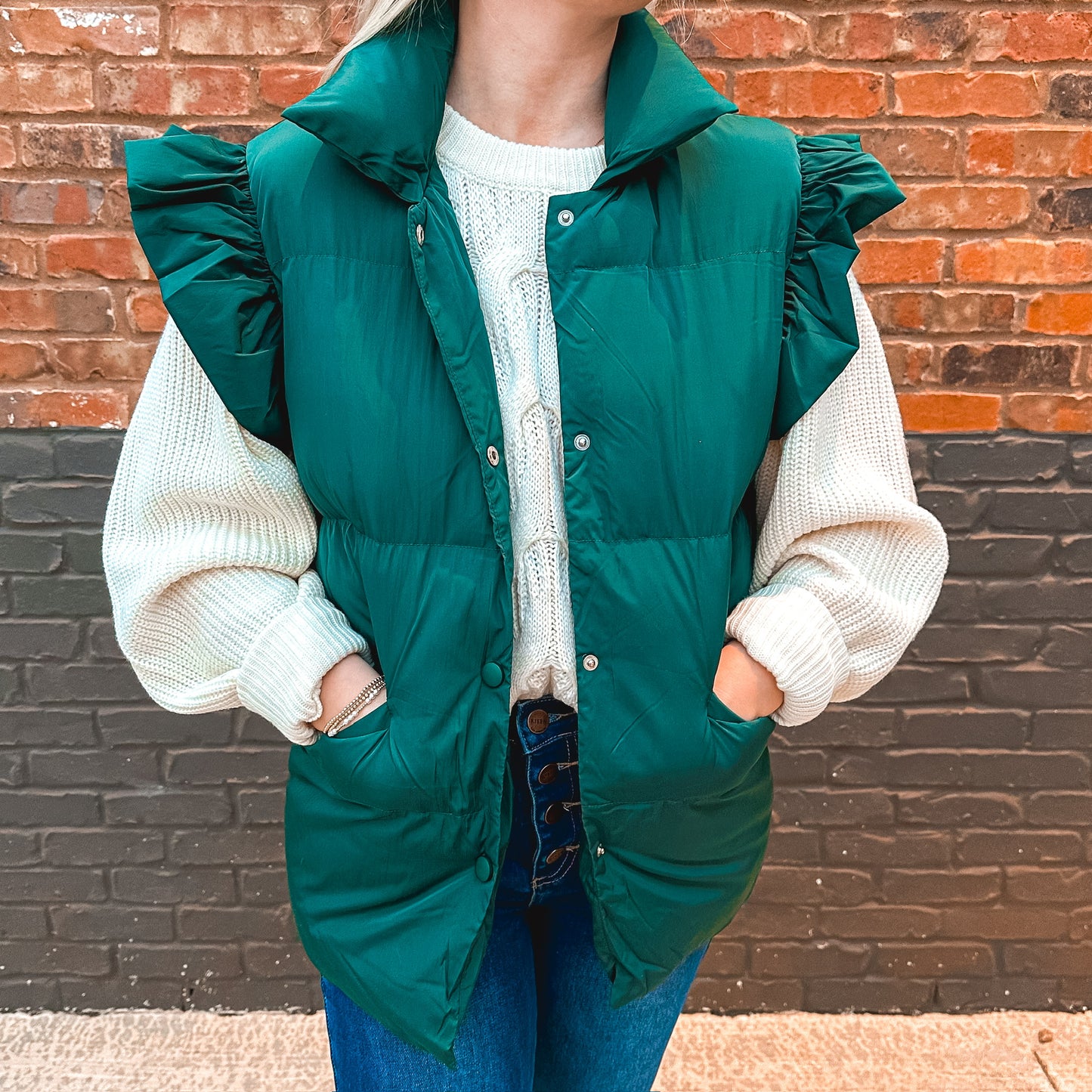 Ruffle Puffer Vest - Hunter Green