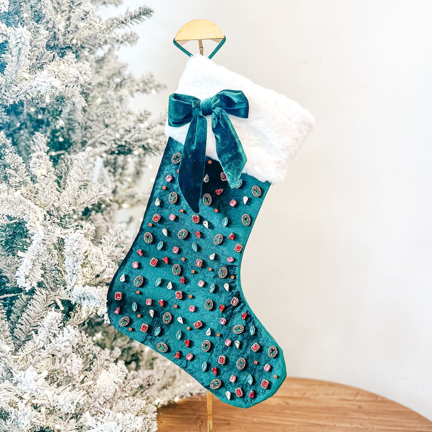Bejeweled Velvet Stocking with Bow - Dark Green