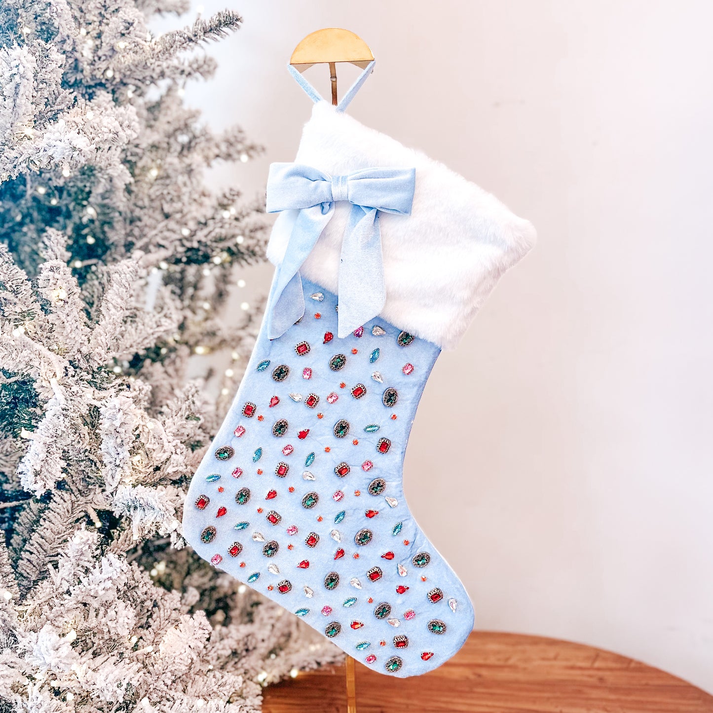 Bejeweled Velvet Stocking - Light Blue