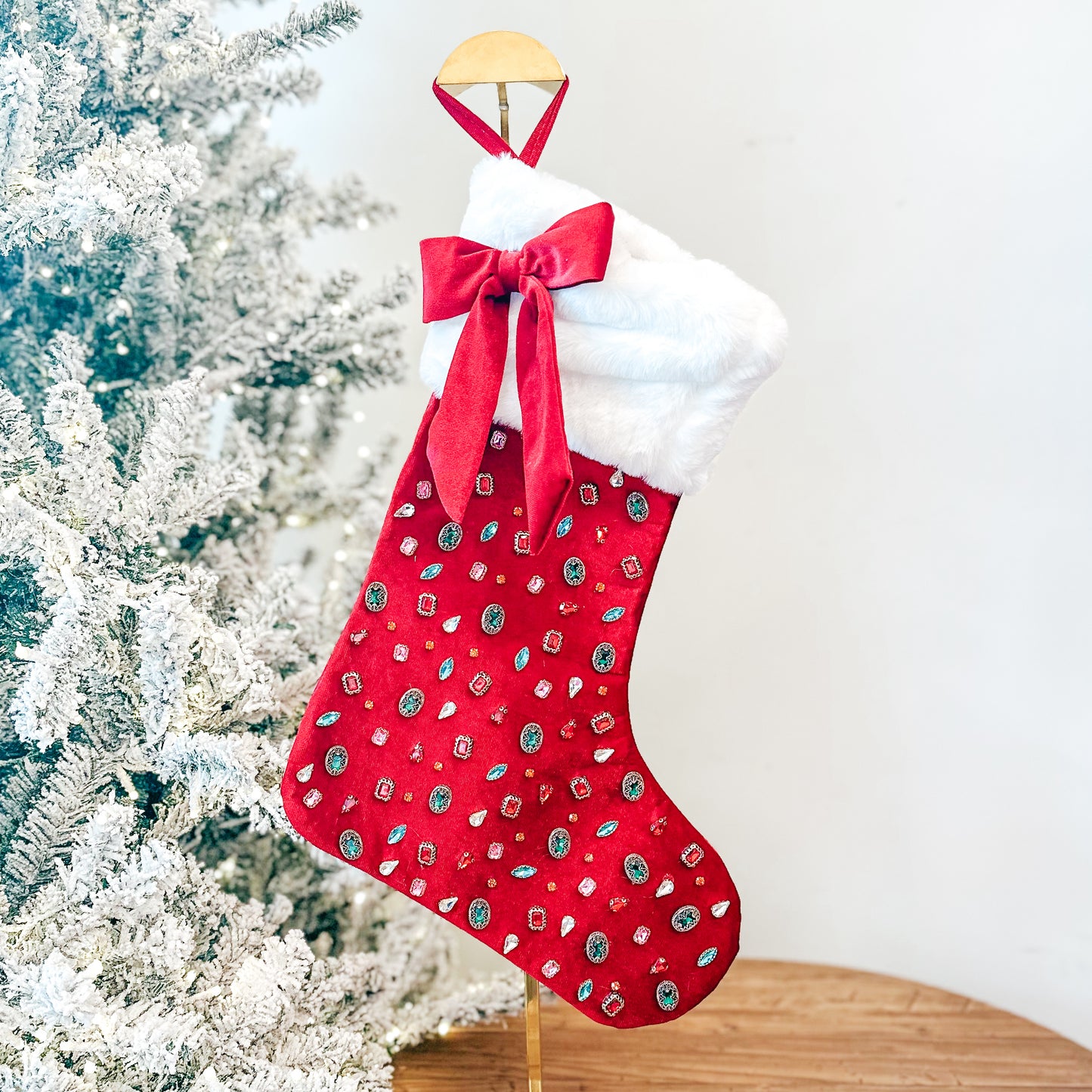 Bejeweled Velvet Stocking with Bow - Dark Berry Red