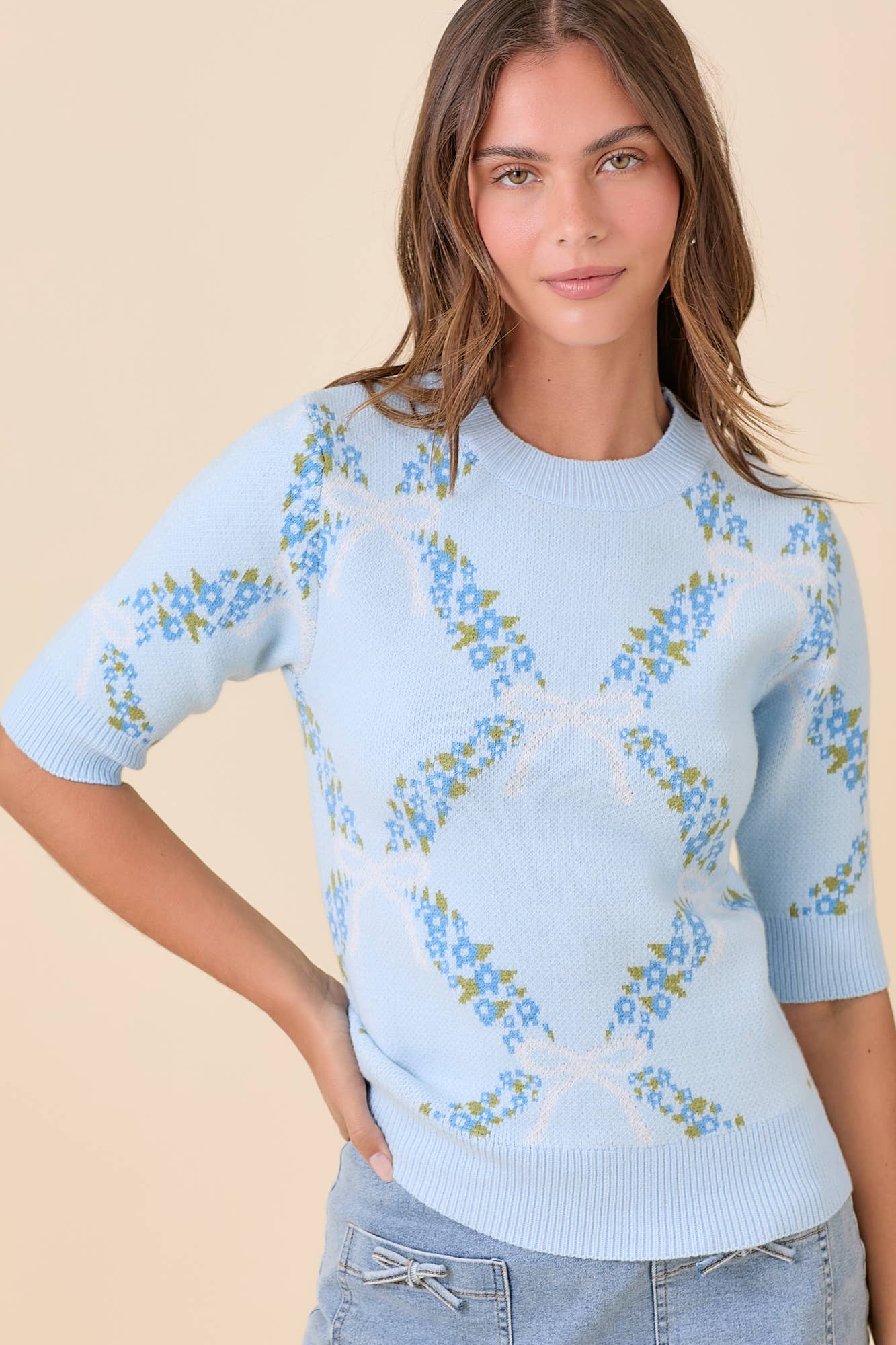 Floral Ribbon Sweater - Blue
