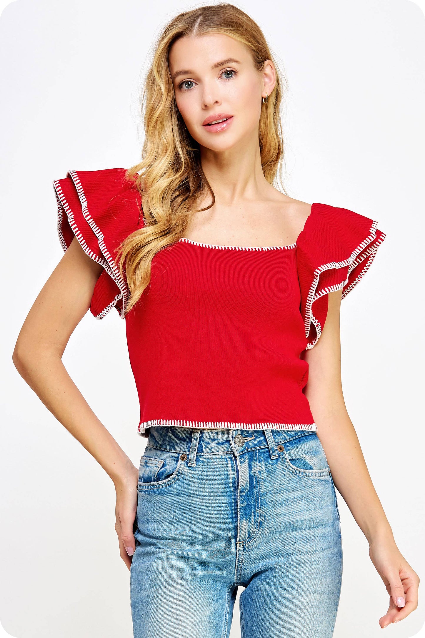 Embroidered Knit Top: Red