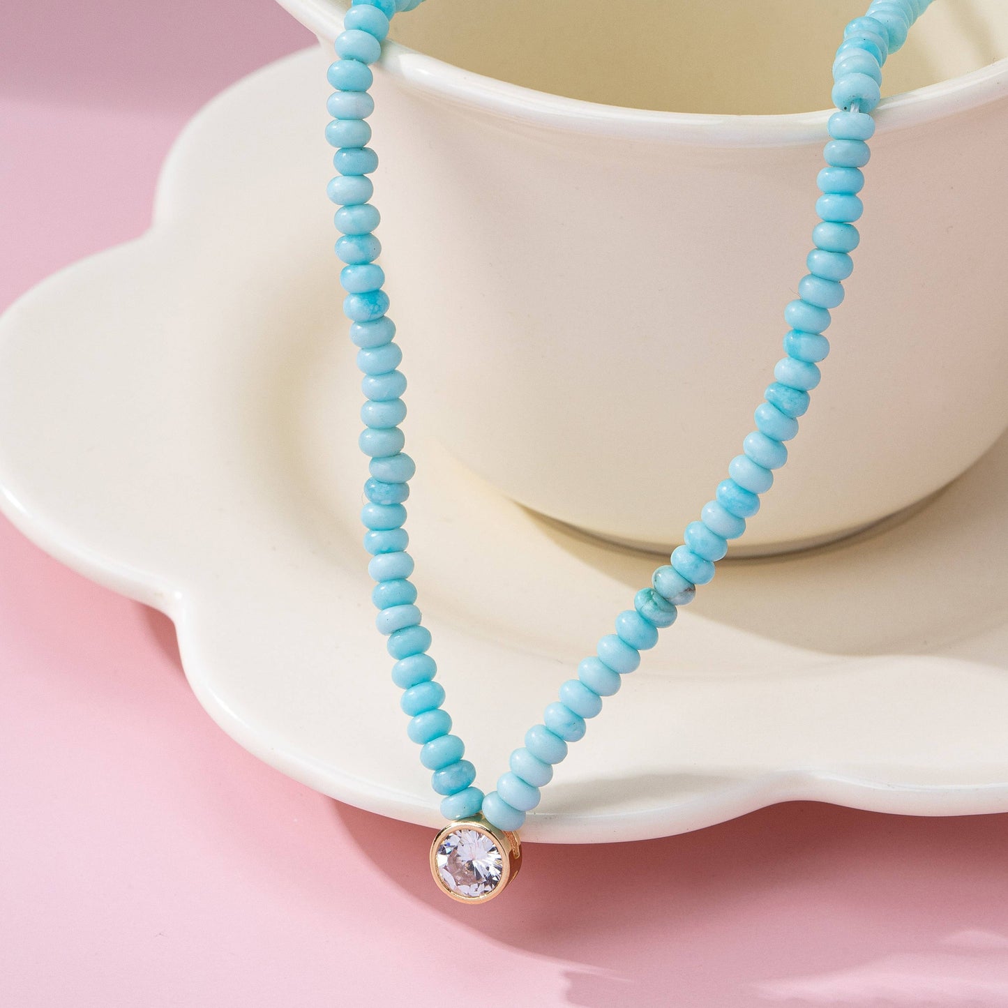 Stone Beaded Charm Necklace - Aqua
