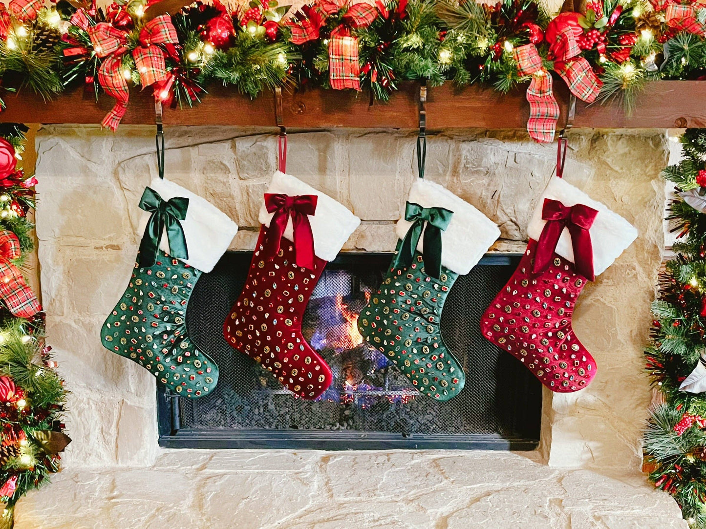 Bejeweled Velvet Stocking with Bow - Dark Berry Red