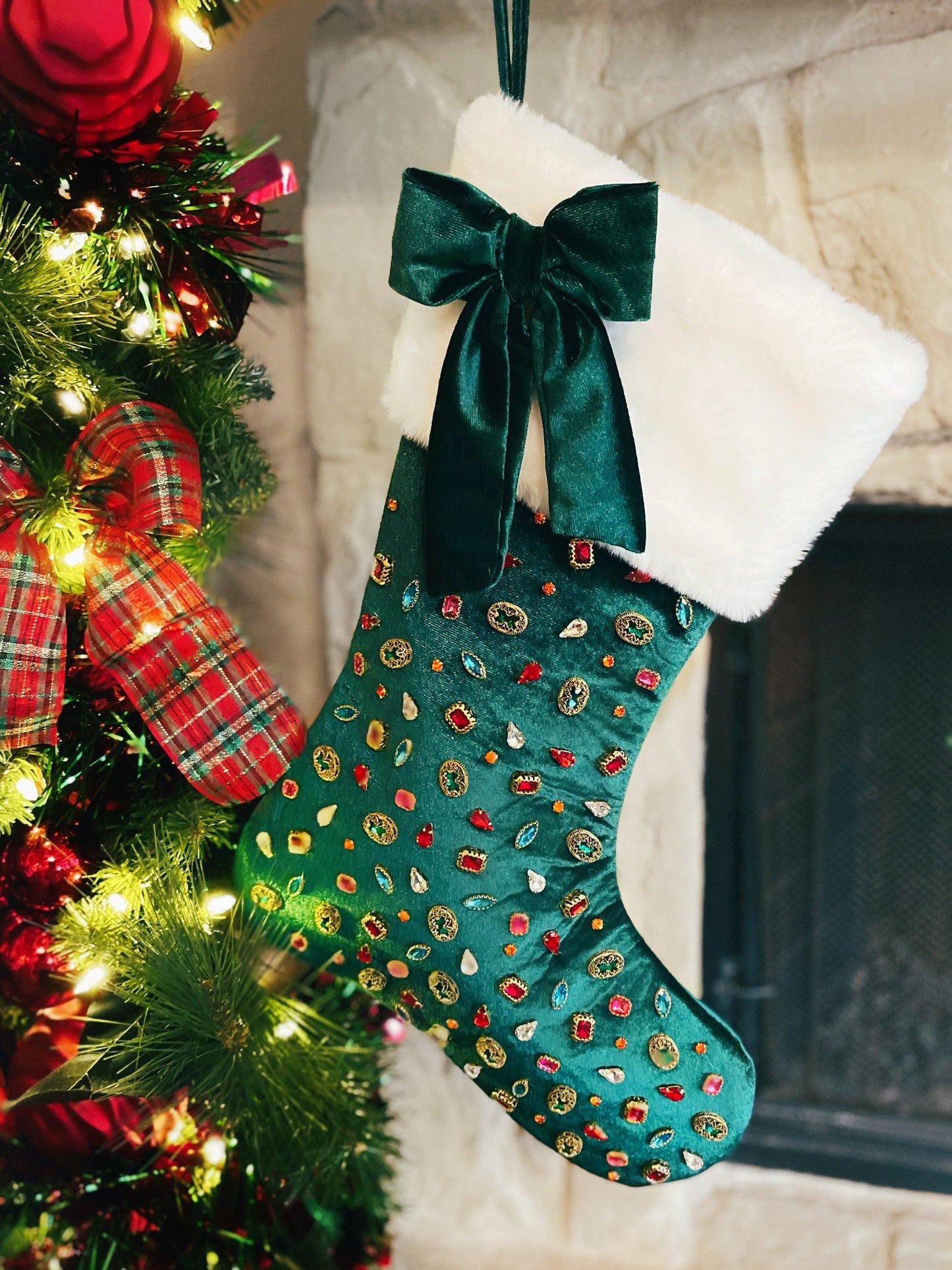 Bejeweled Velvet Stocking with Bow - Dark Green