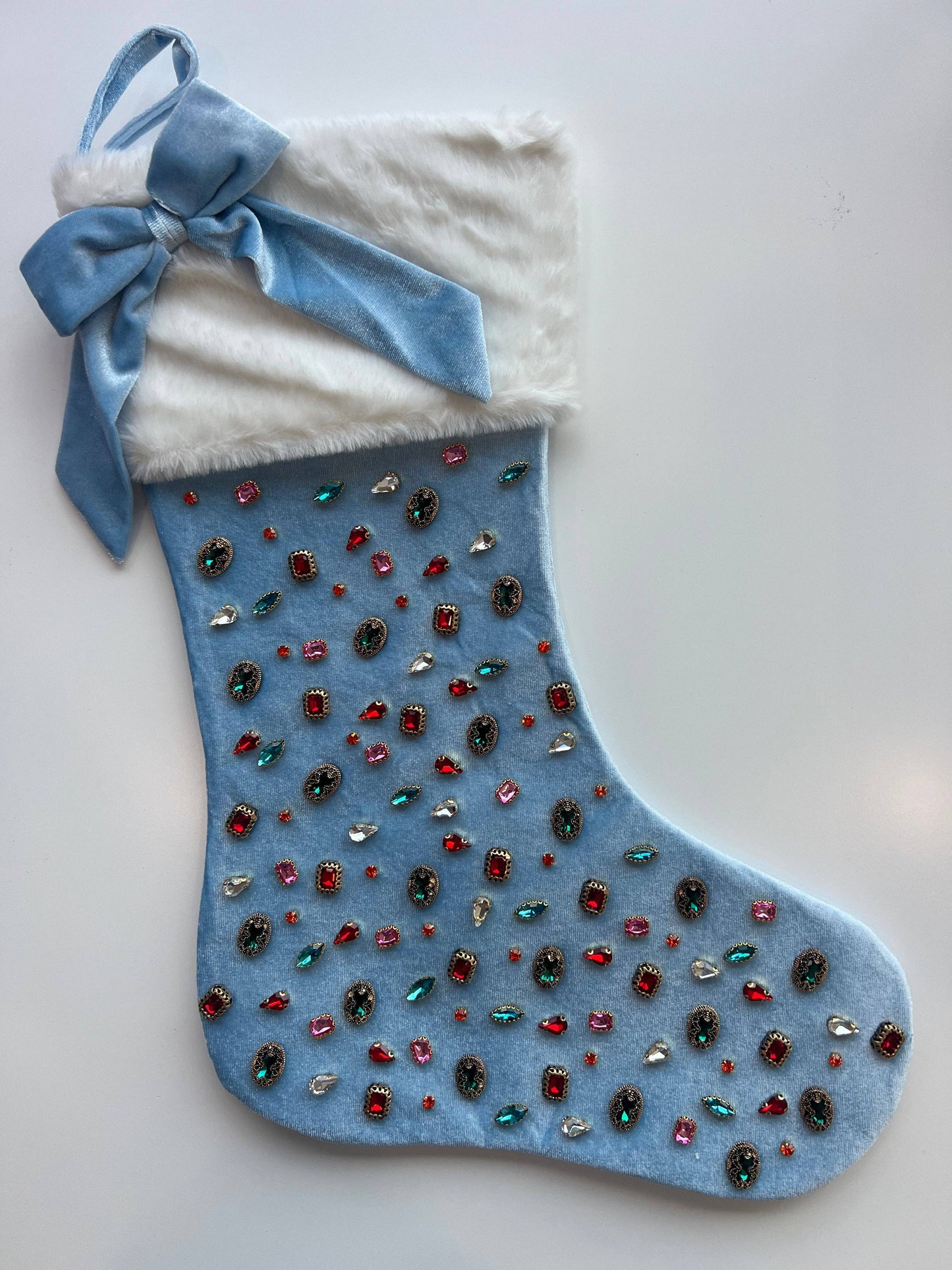 Bejeweled Velvet Stocking - Light Blue