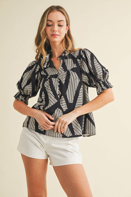 Geo Puff Sleeve Blouse