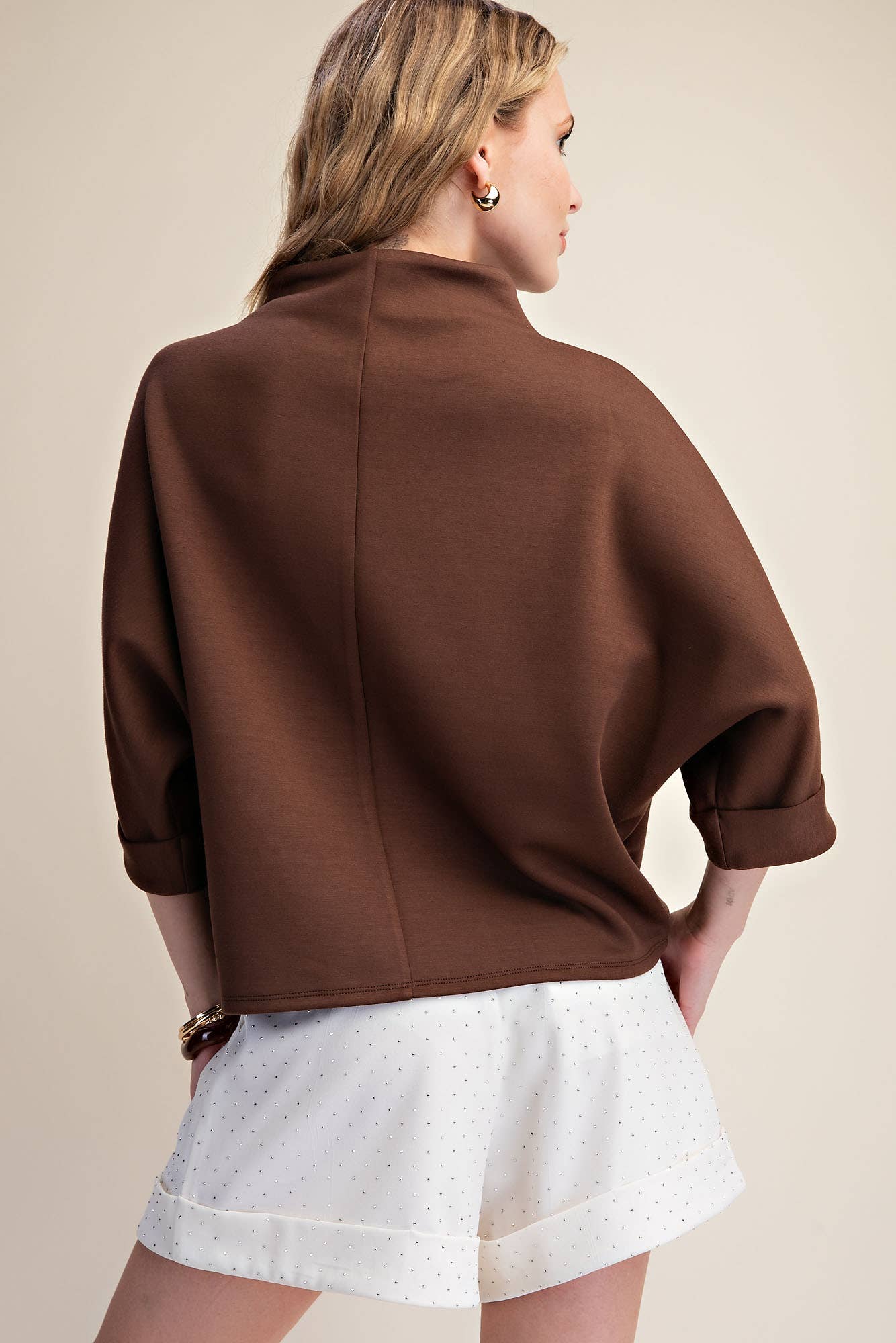 Mock-Neck 3/4 Sleeve Top: Brown