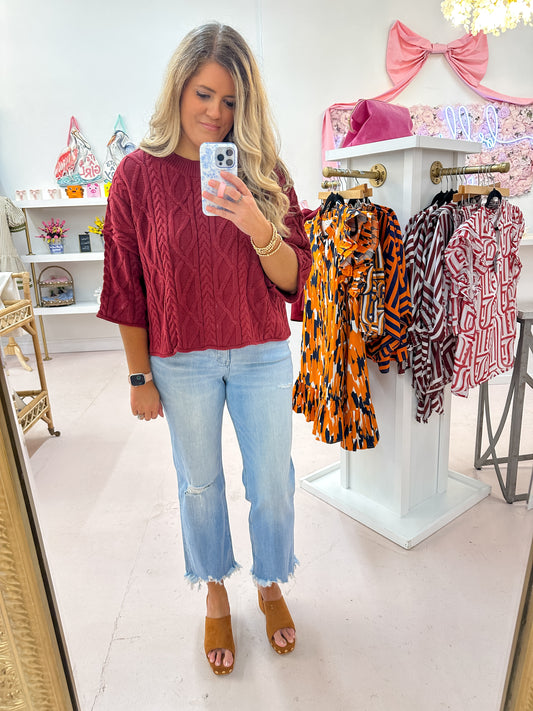 Cable Knit Sweater - Burgundy