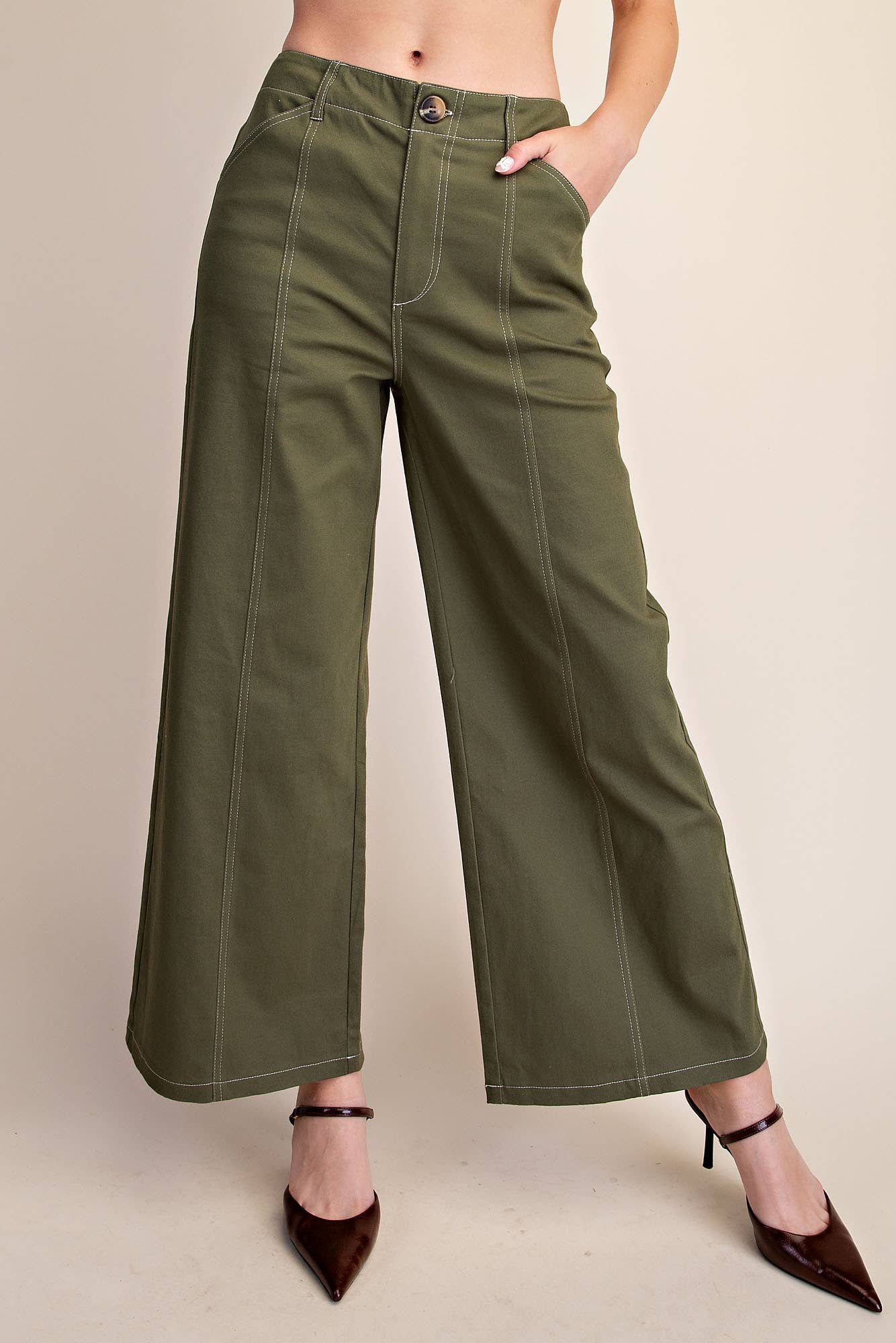 High Rise Stretch Wide Leg Pants: Olive