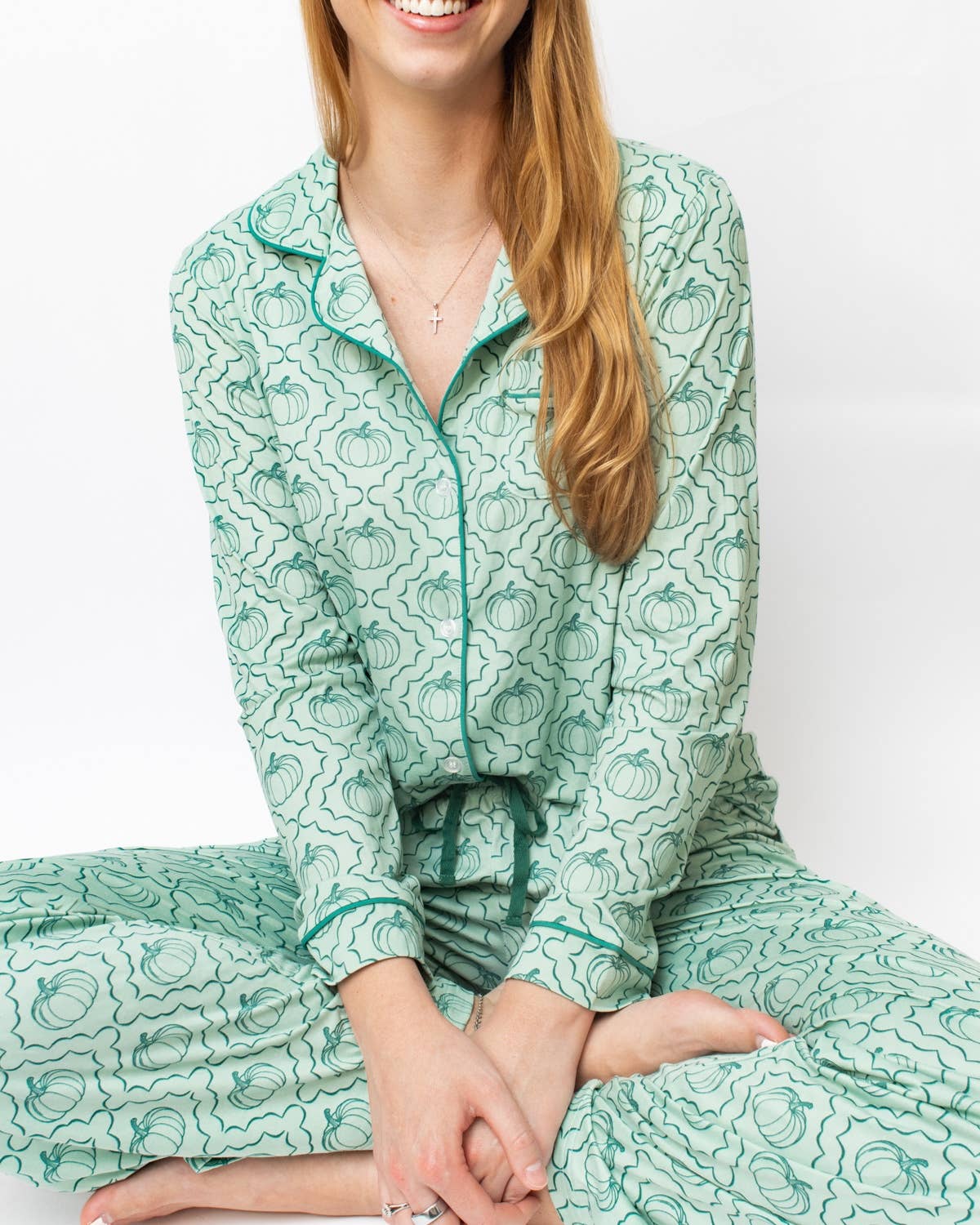 Pumpkin Long Sleeve Sleep Shirt - Jade