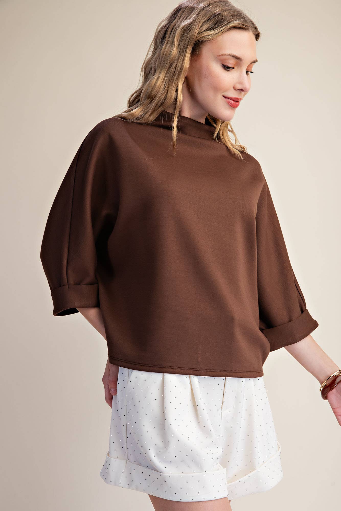 Mock-Neck 3/4 Sleeve Top: Brown