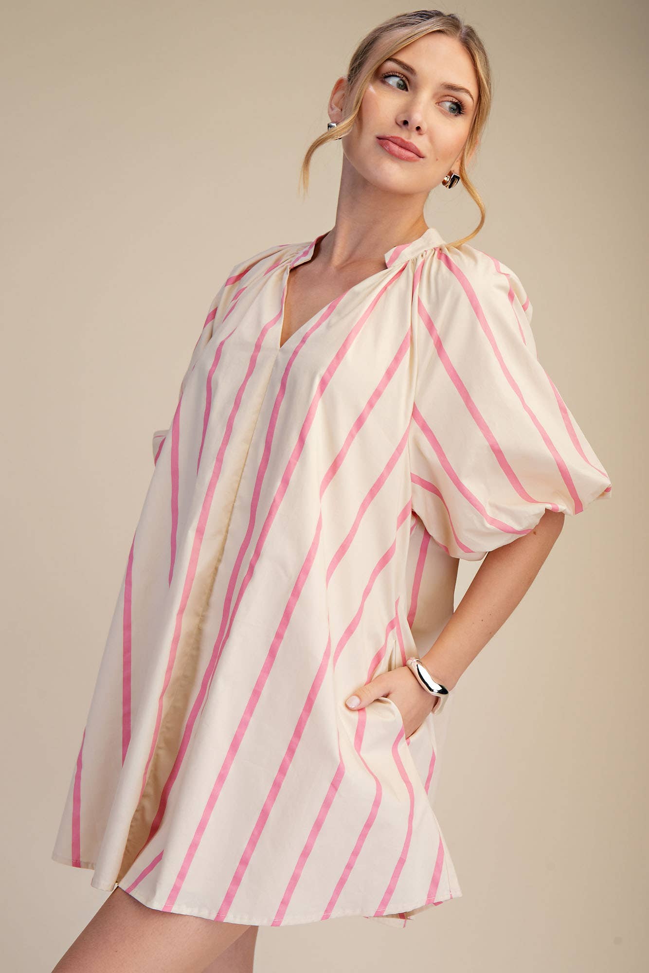 Puff-Sleeve Mini Dress: Pink