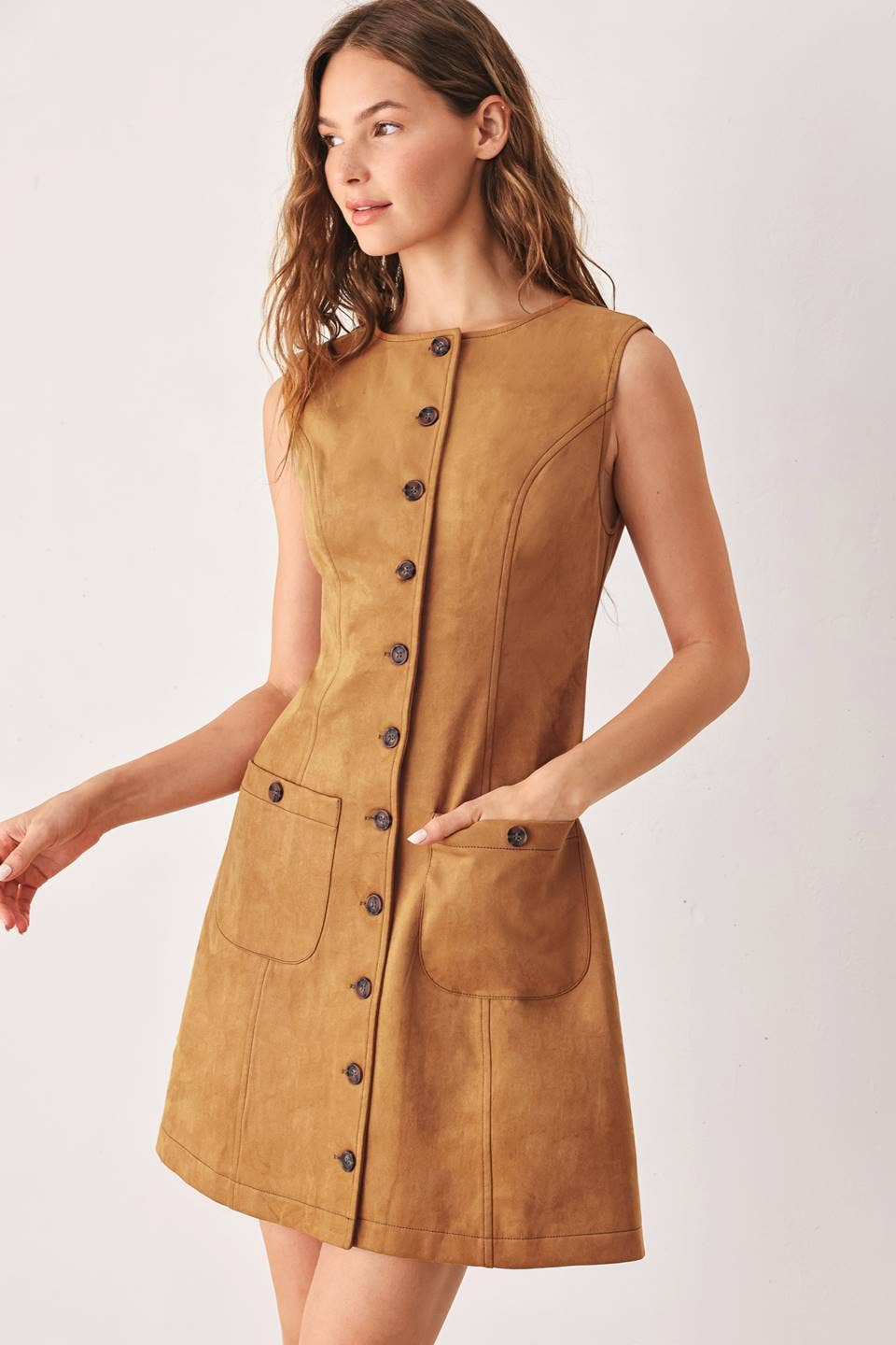 Faux Suede Mini Dress - Caramel