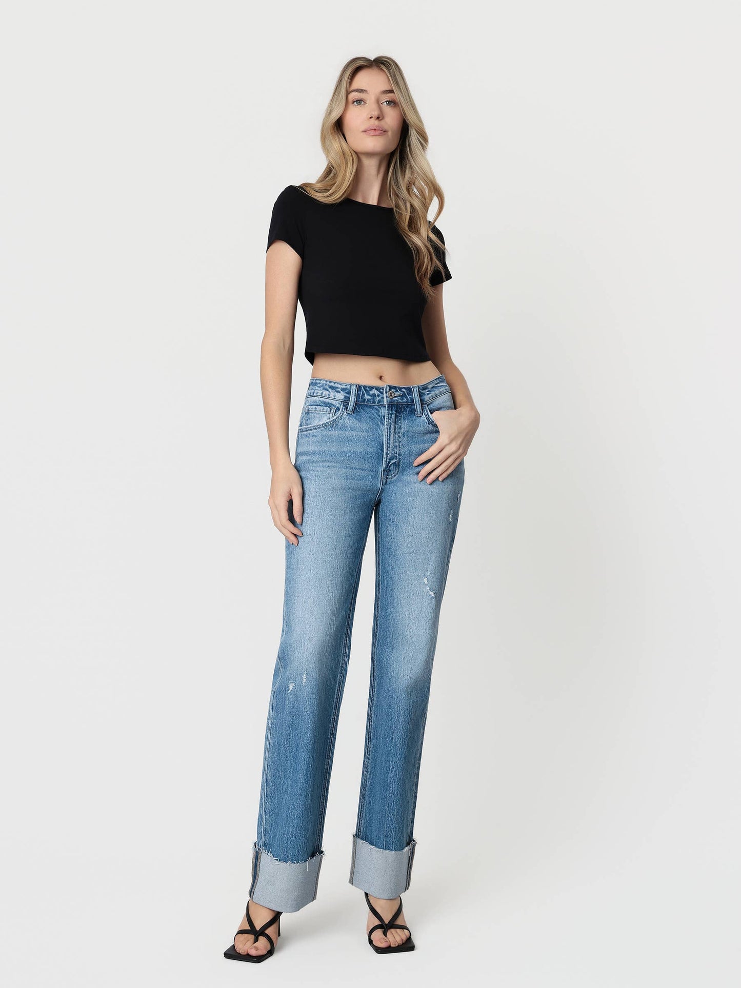 High Rise Cuffed Wide Leg Jeans
