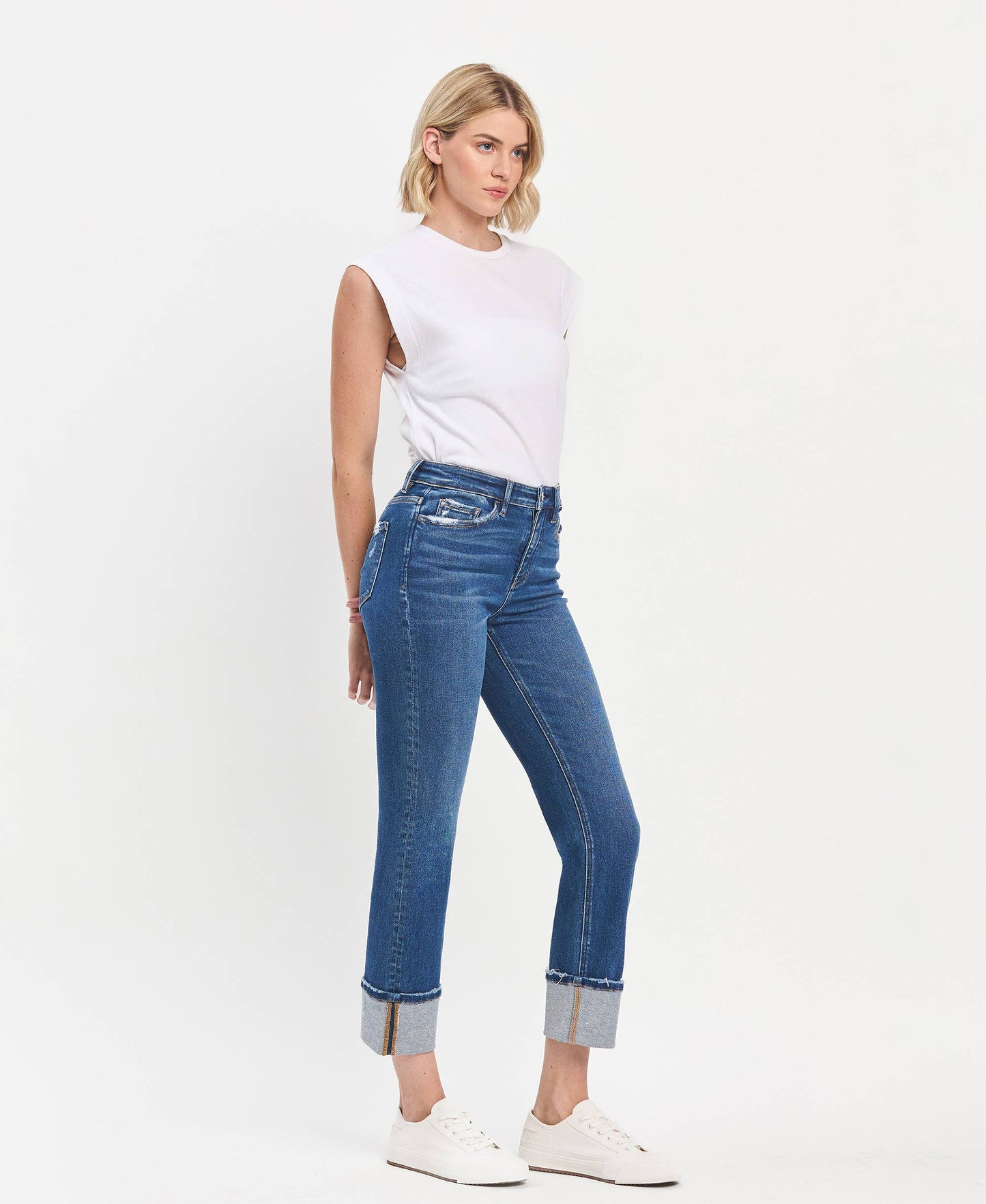 HIGH RISE CUFFED SLIM STRAIGHT JEANS