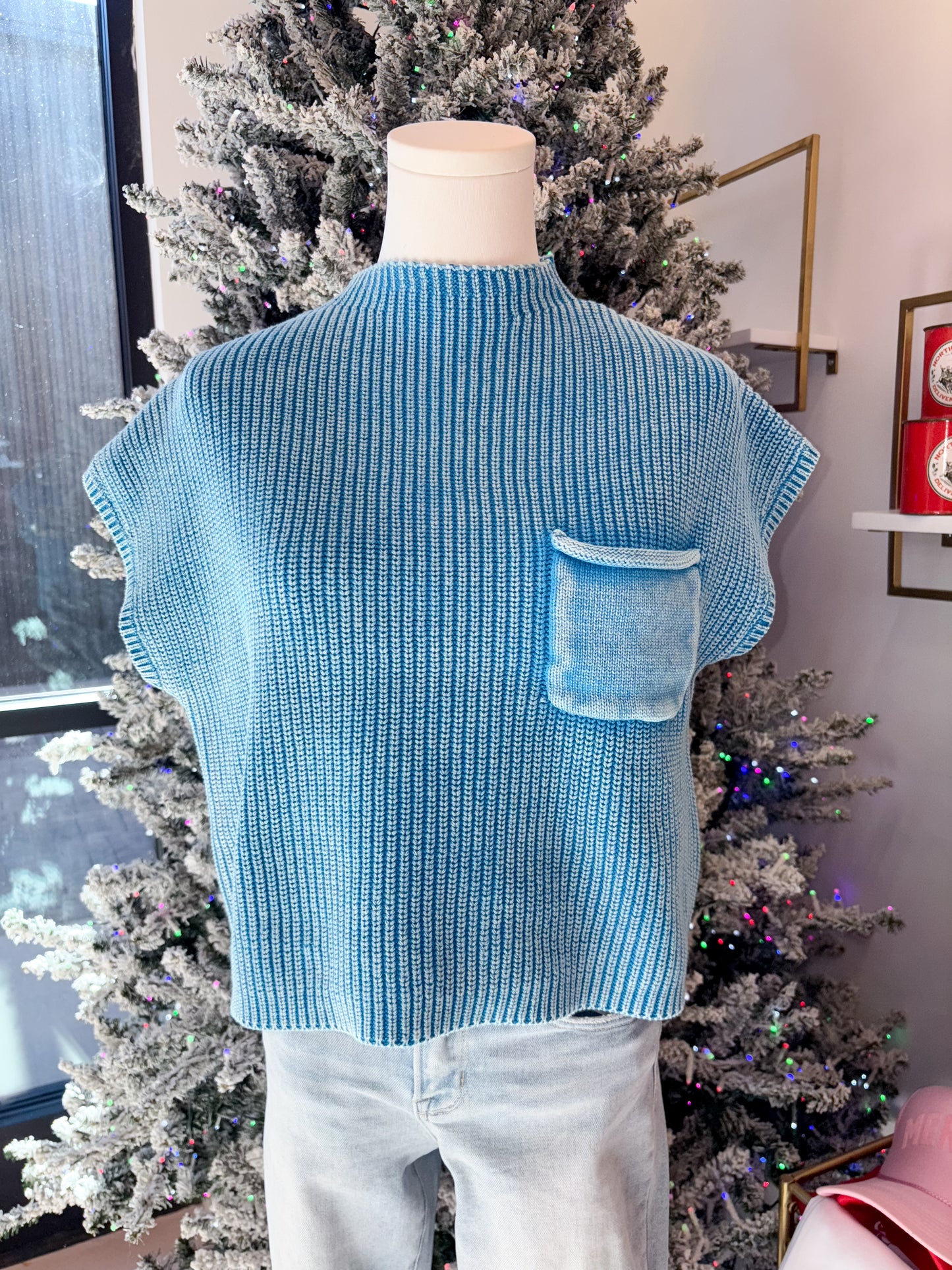 Acid Wash Pocket Sweater -Sky