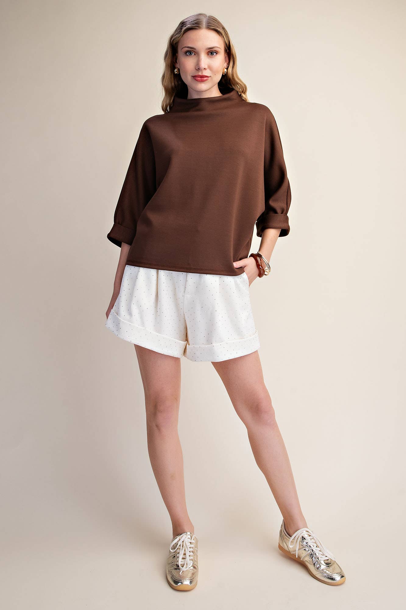 Mock-Neck 3/4 Sleeve Top: Brown