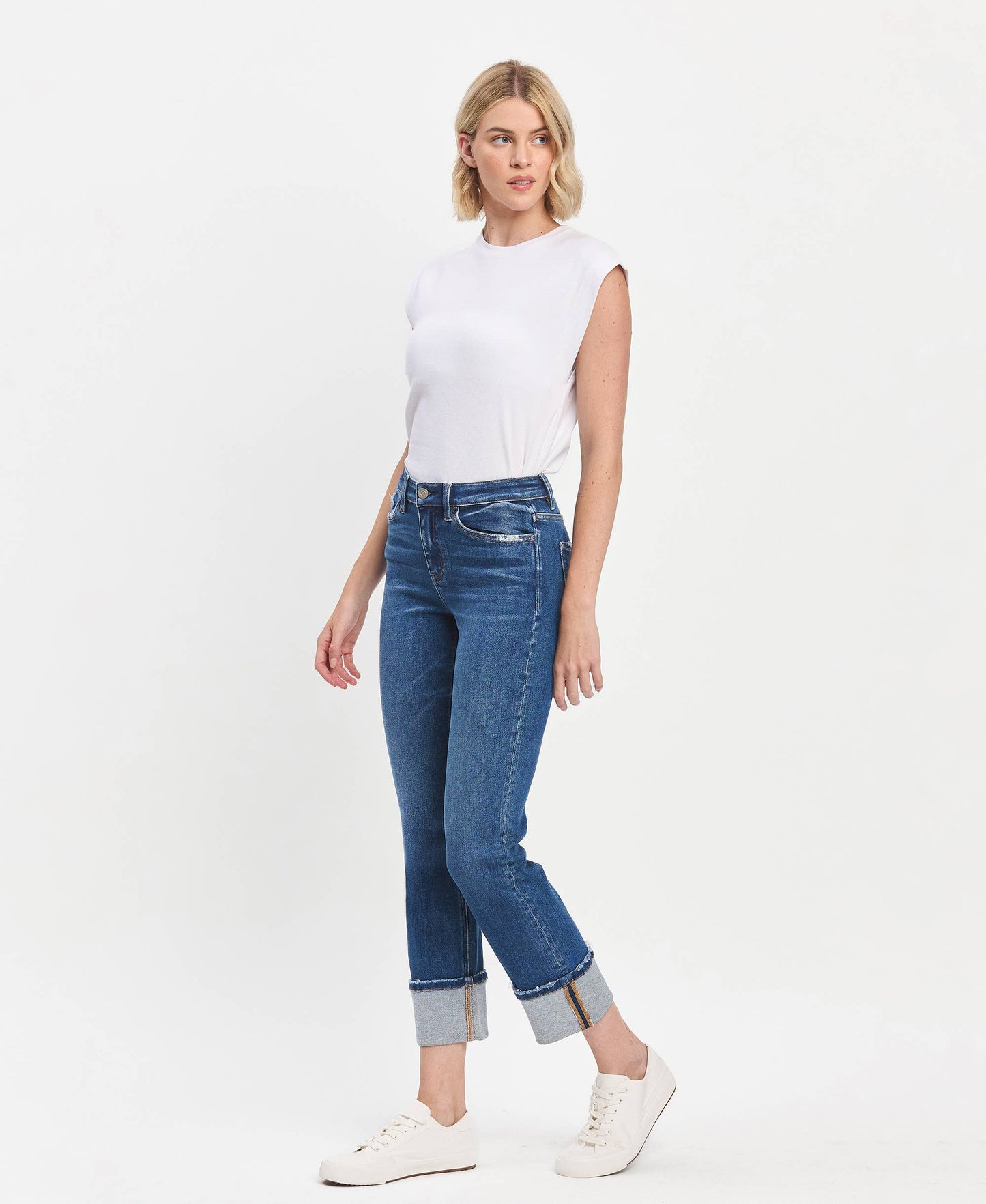HIGH RISE CUFFED SLIM STRAIGHT JEANS