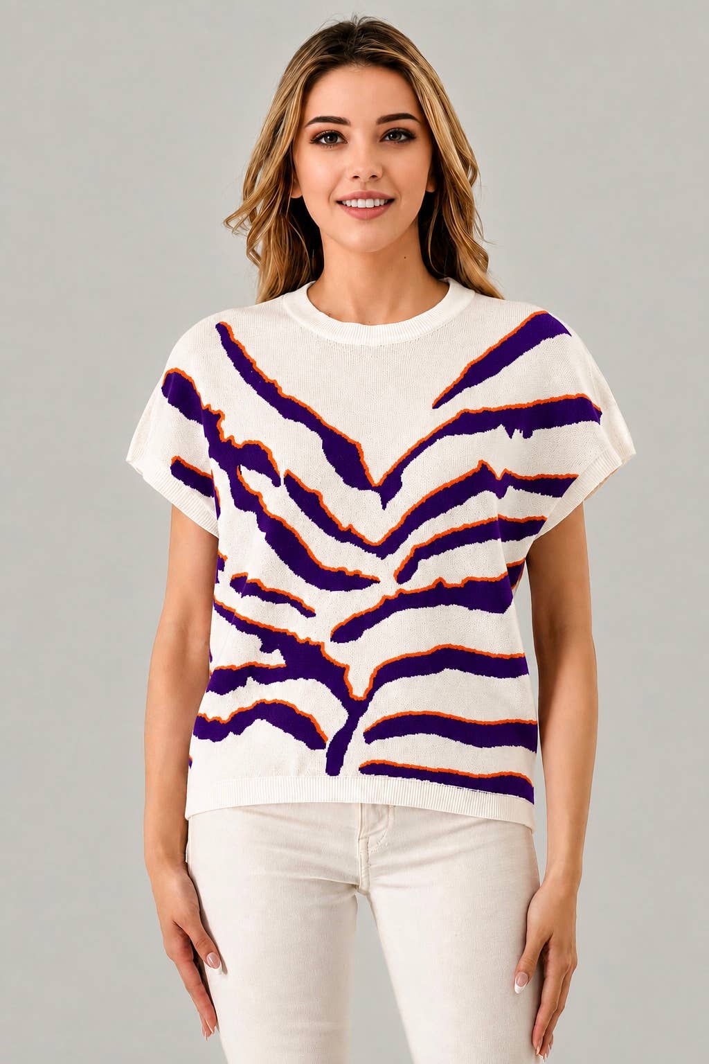 Tiger Print Knit Top - Navy & Orange