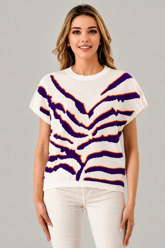 Tiger Print Knit Top - Navy & Orange