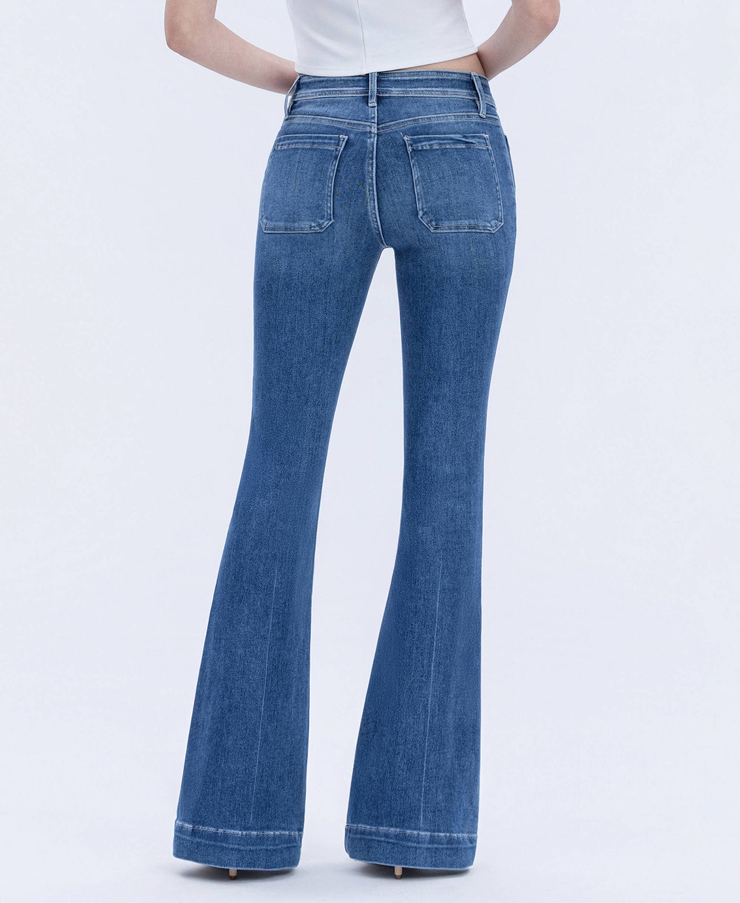 MID RISE BUTTON FLY TROUSER HEM FLARE JEANS