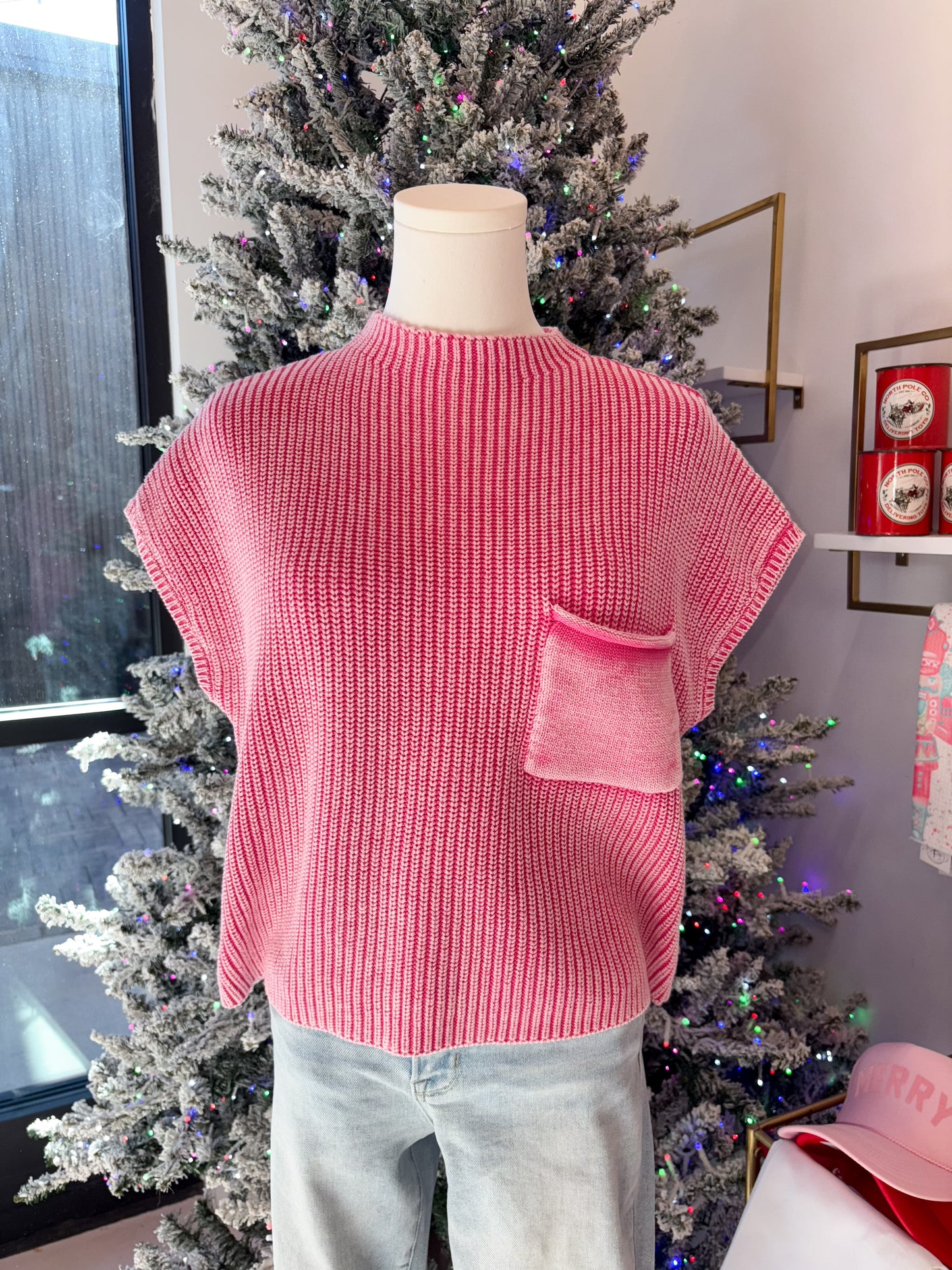 Acid Wash Pocket Sweater -Fuchsia