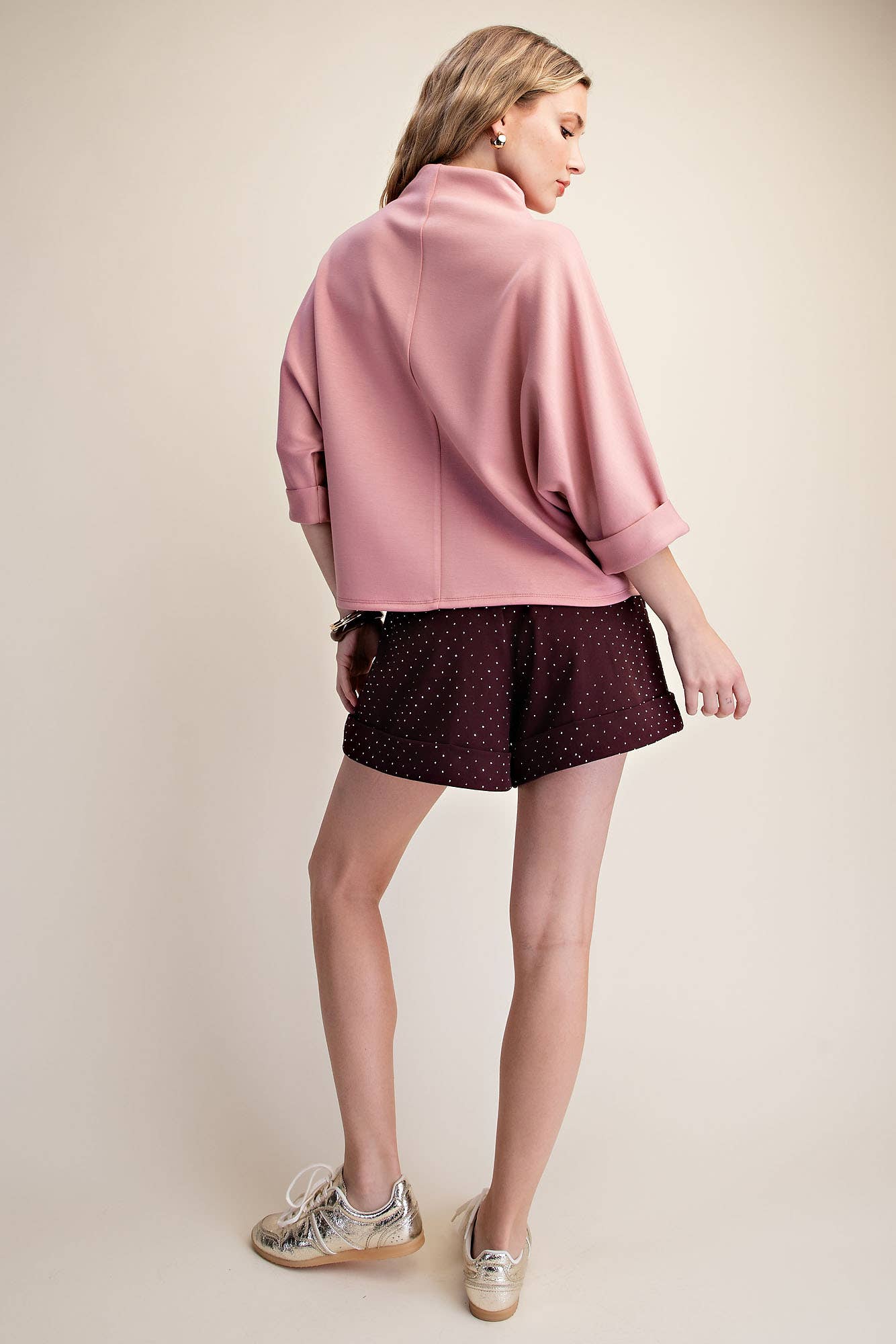 Mock-Neck 3/4 Sleeve Top: Rose Pink