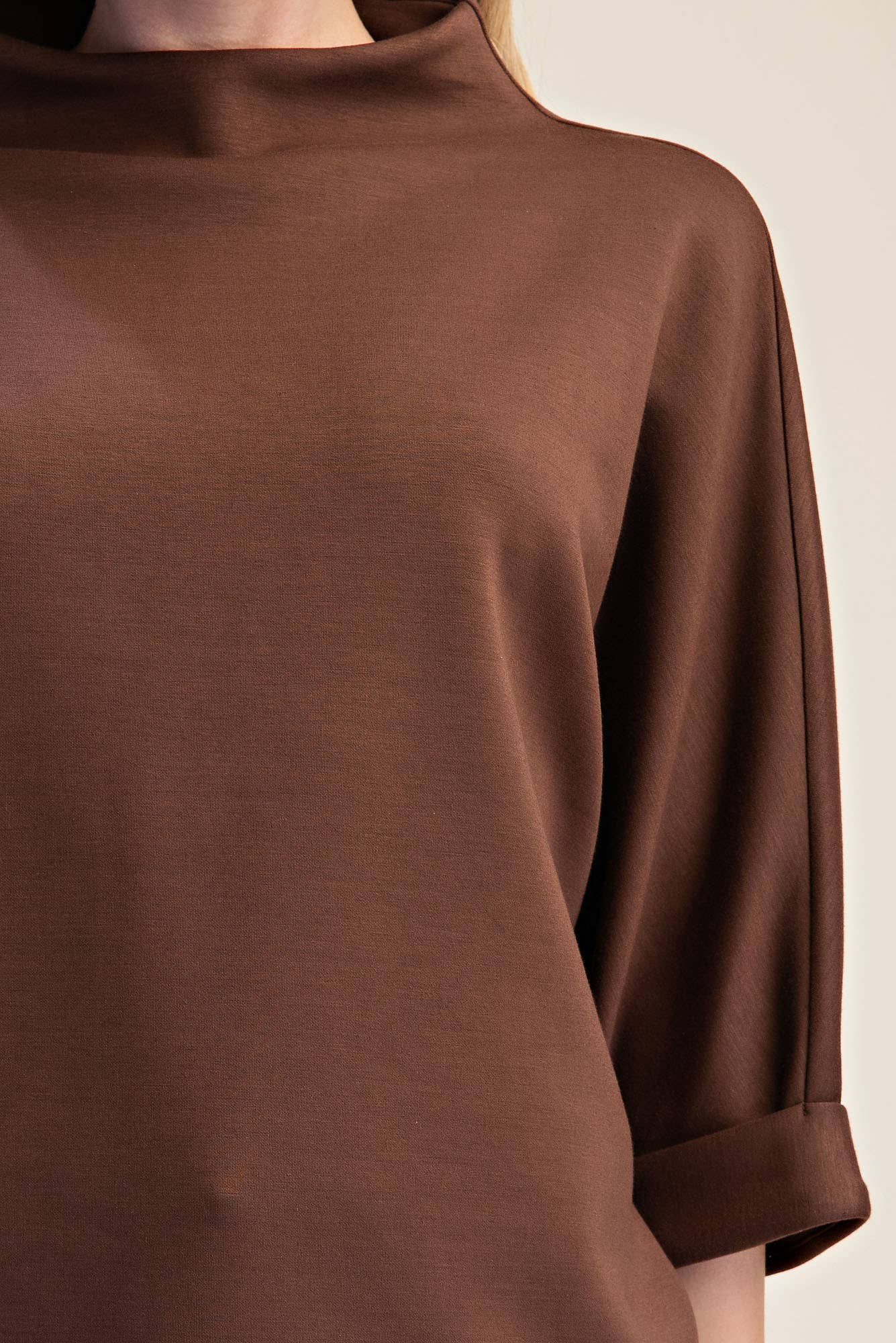Mock-Neck 3/4 Sleeve Top: Brown