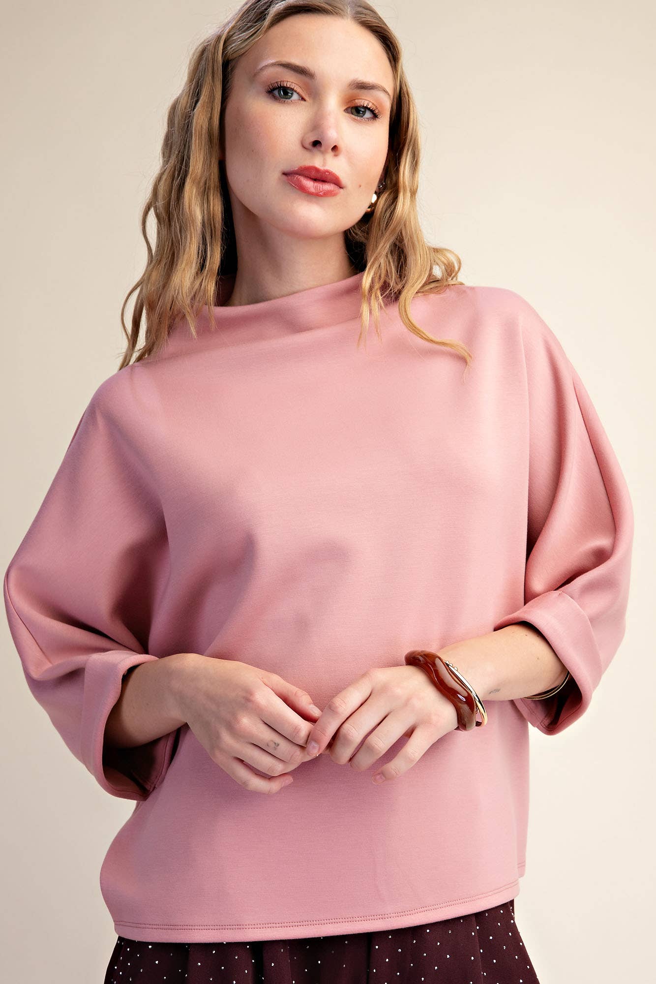Mock-Neck 3/4 Sleeve Top: Rose Pink