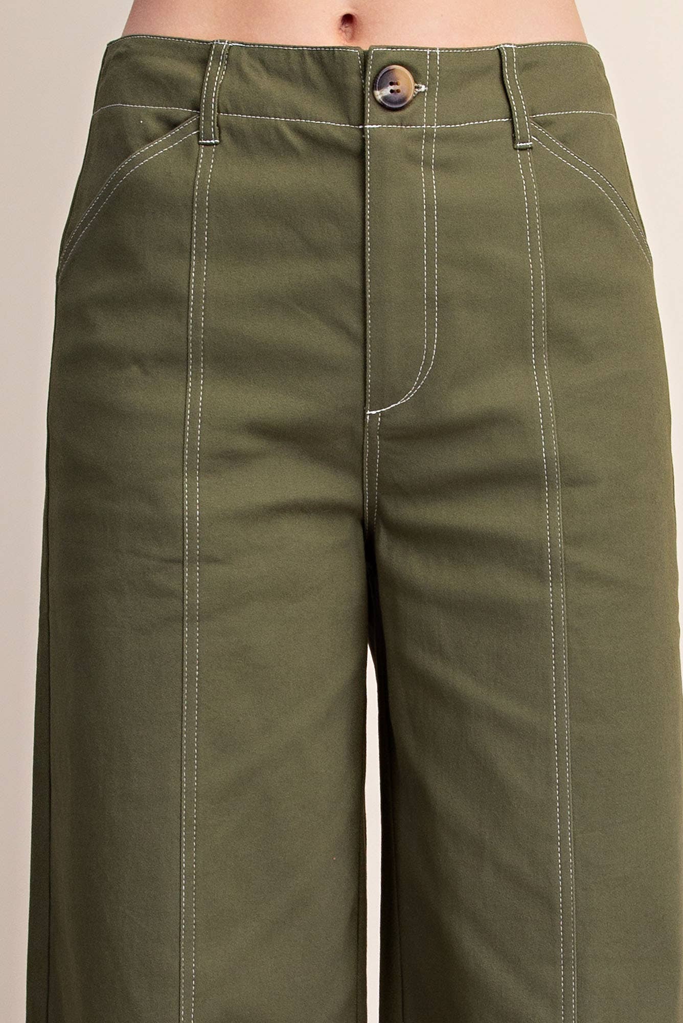 High Rise Stretch Wide Leg Pants: Olive