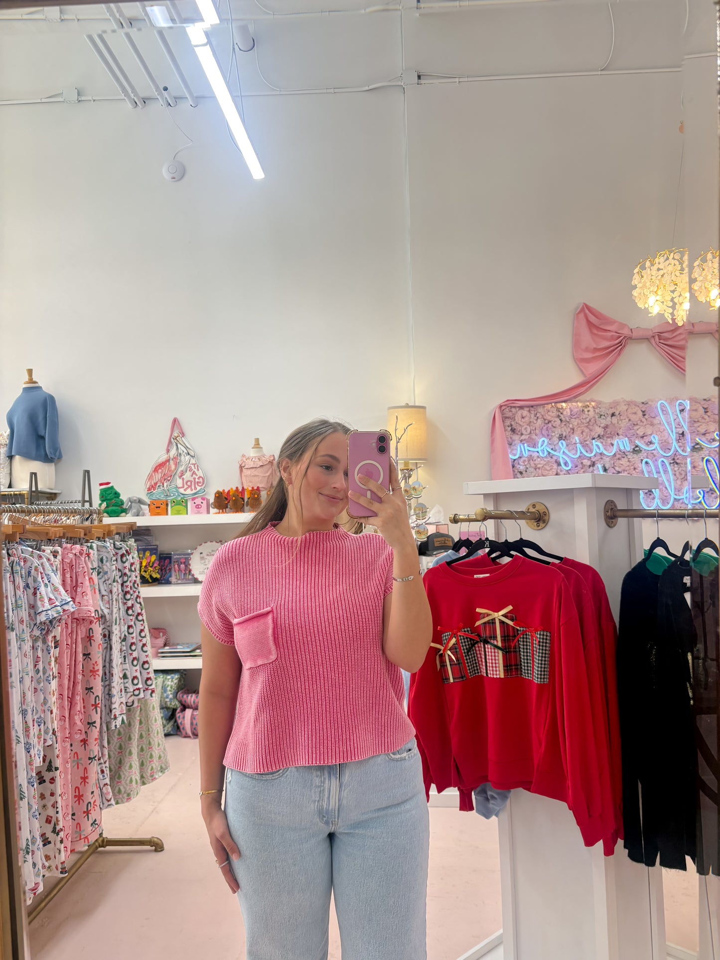 Acid Wash Pocket Sweater -Fuchsia