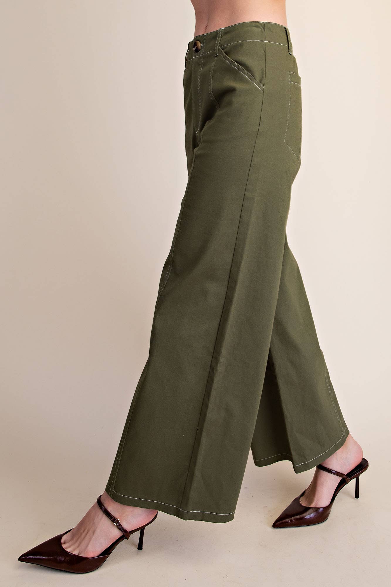 High Rise Stretch Wide Leg Pants: Olive