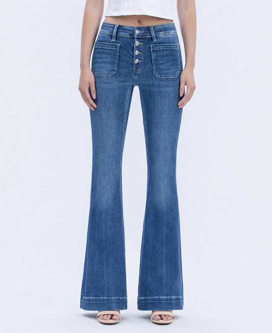 MID RISE BUTTON FLY TROUSER HEM FLARE JEANS