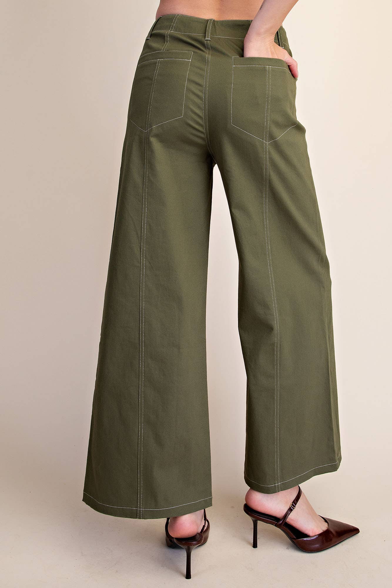 High Rise Stretch Wide Leg Pants: Olive
