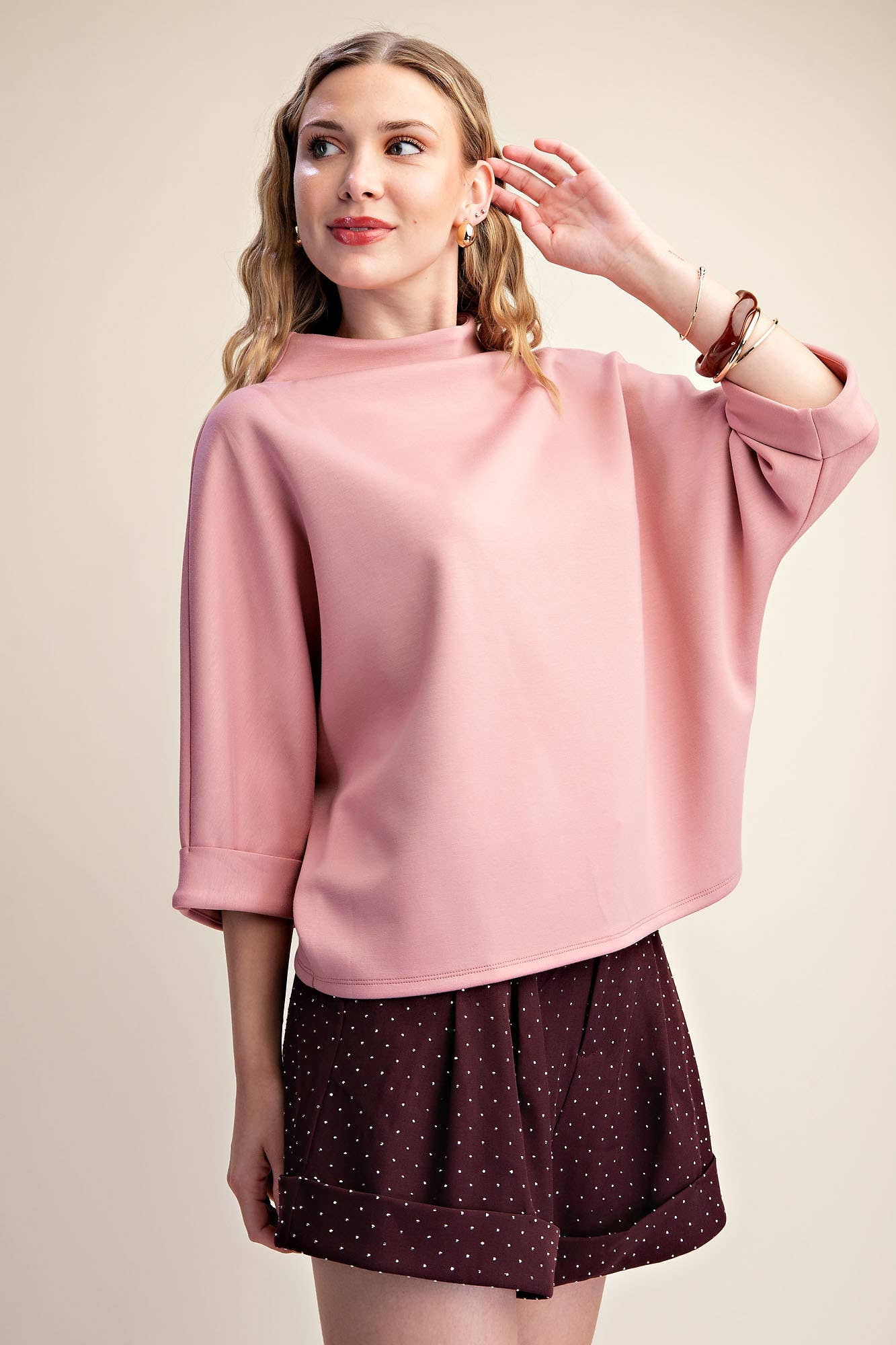 Mock-Neck 3/4 Sleeve Top: Rose Pink