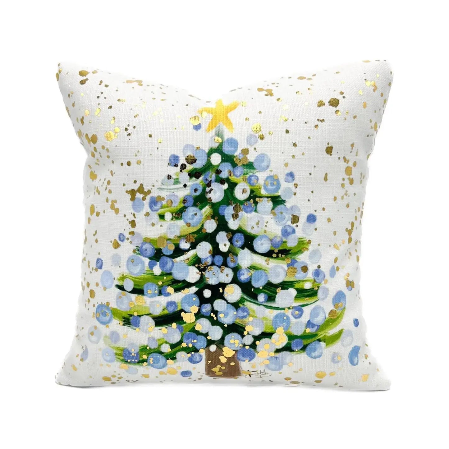 Gold Foil Baby Blue Splatter Tree Pillow