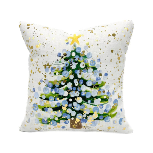 Gold Foil Baby Blue Splatter Tree Pillow