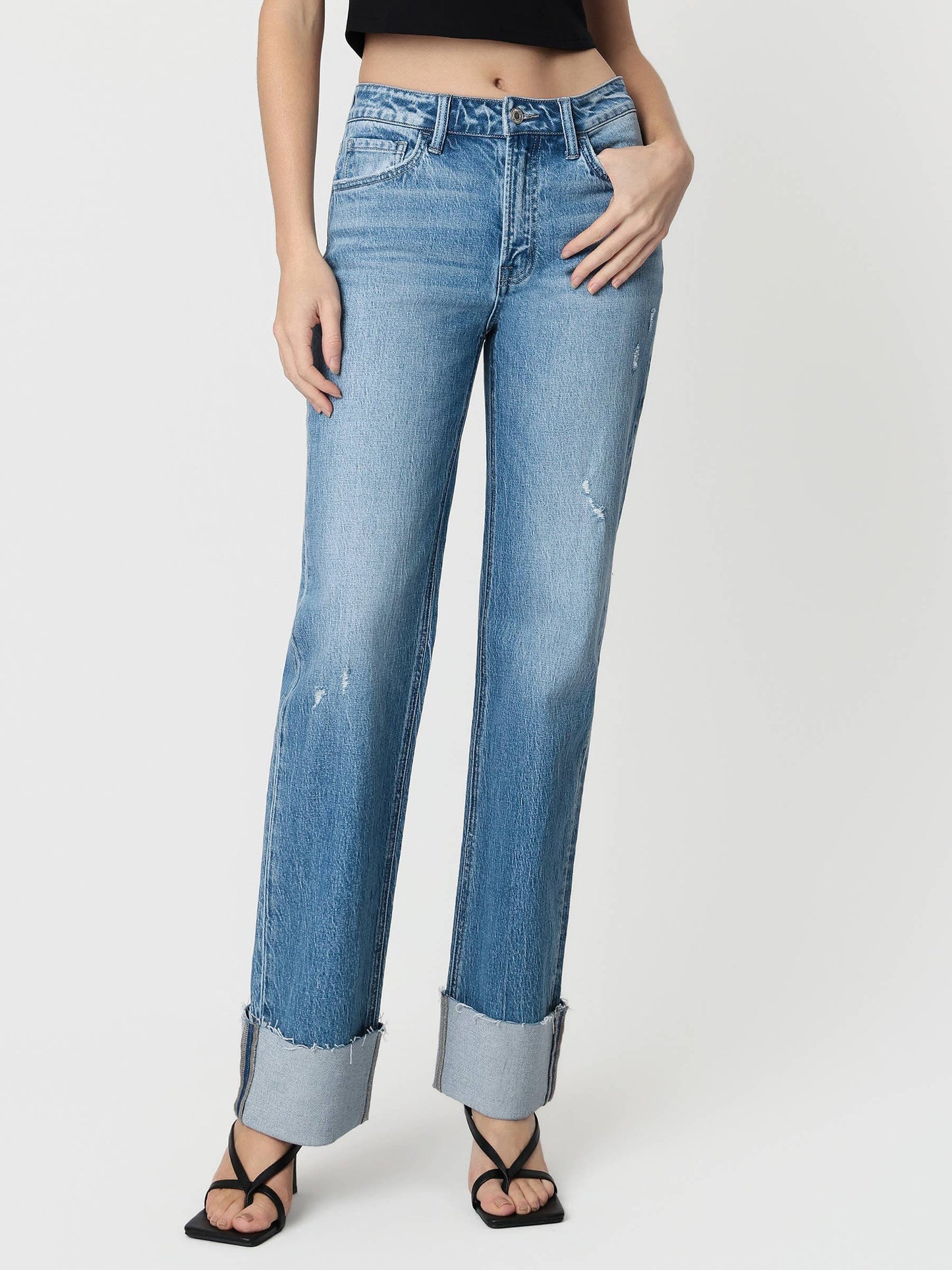 High Rise Cuffed Wide Leg Jeans