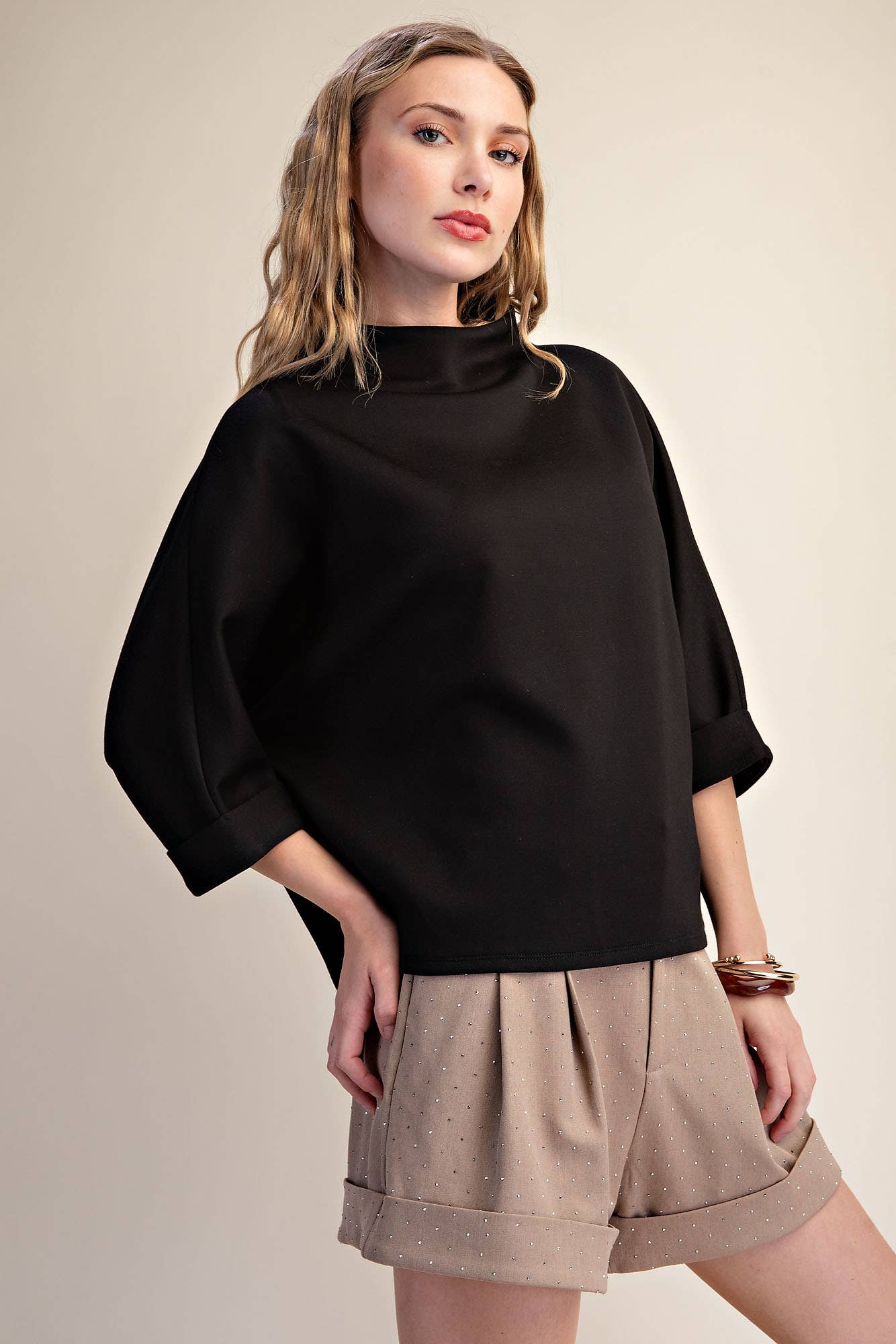 Mock-Neck 3/4 Sleeve Top: Black