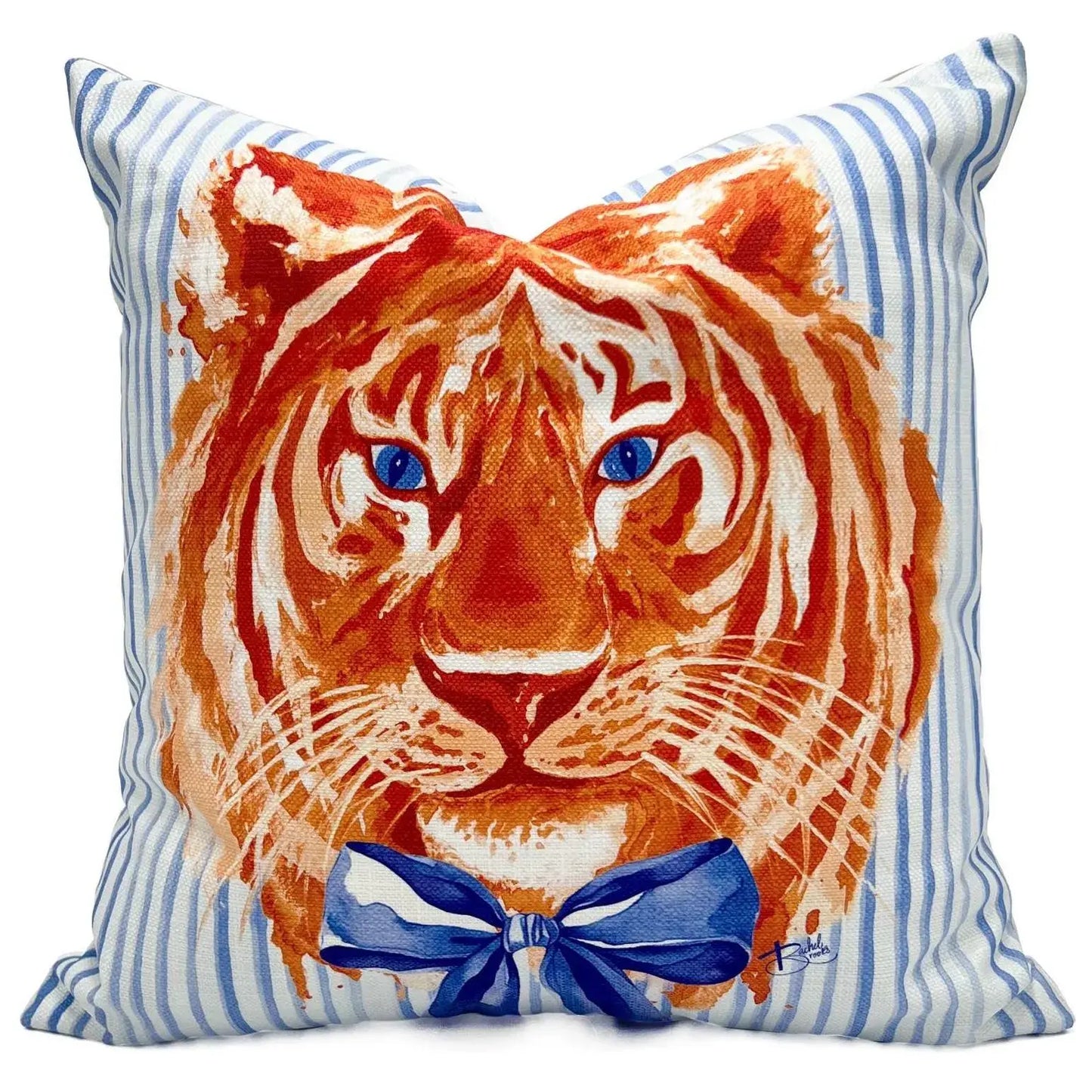 Blue and Orange Pinstripe Tiger Pillow - Velvet