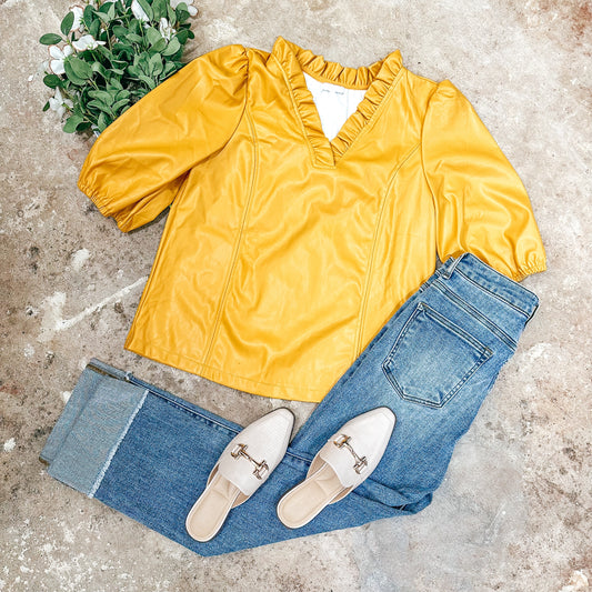Puff Sleeve Faux Leather Top - Mustard