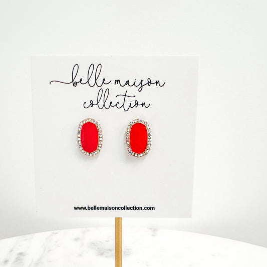 Pave Hexagon Epoxy Earrings - Red