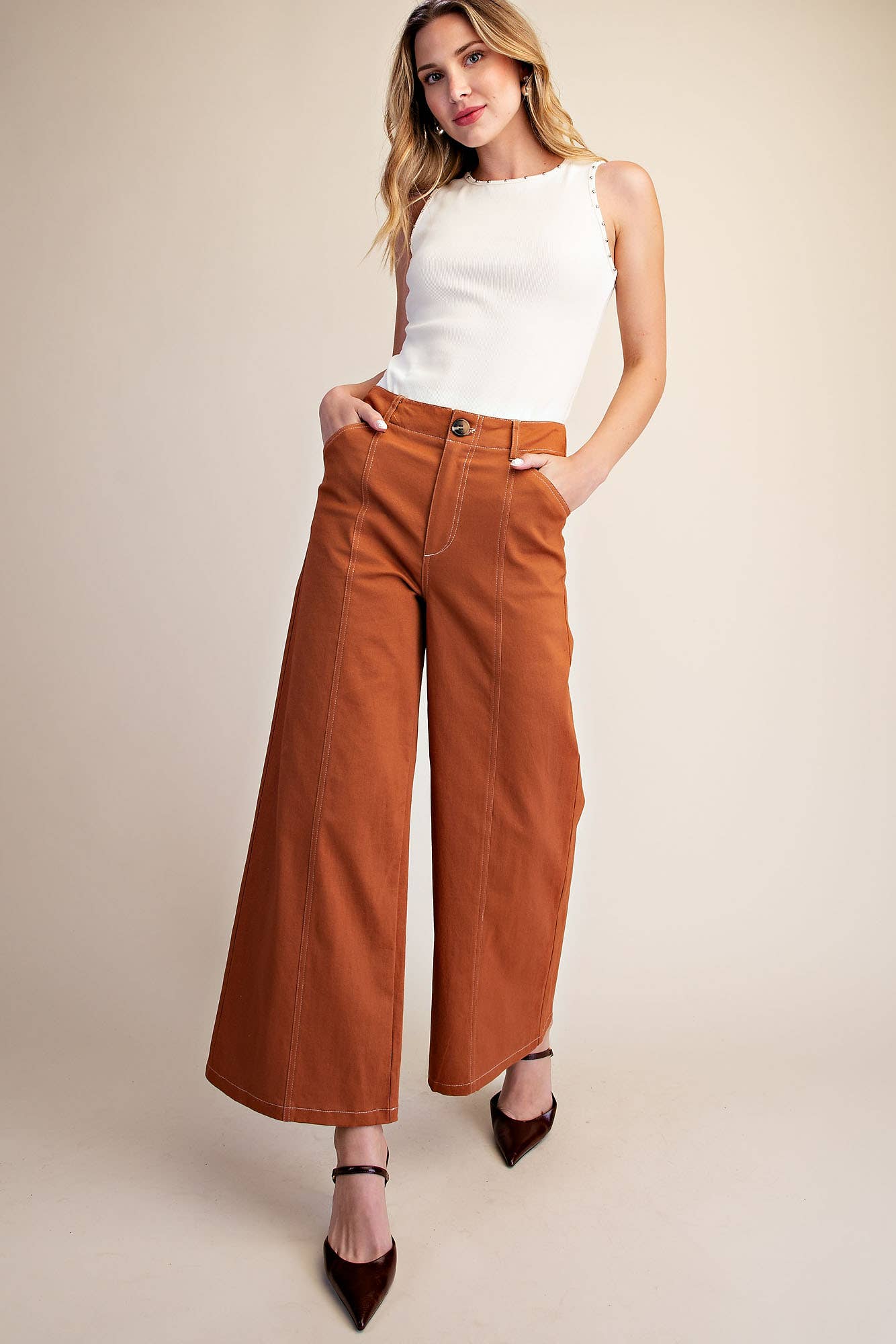 High Rise Stretch Wide Leg Pants: Camel