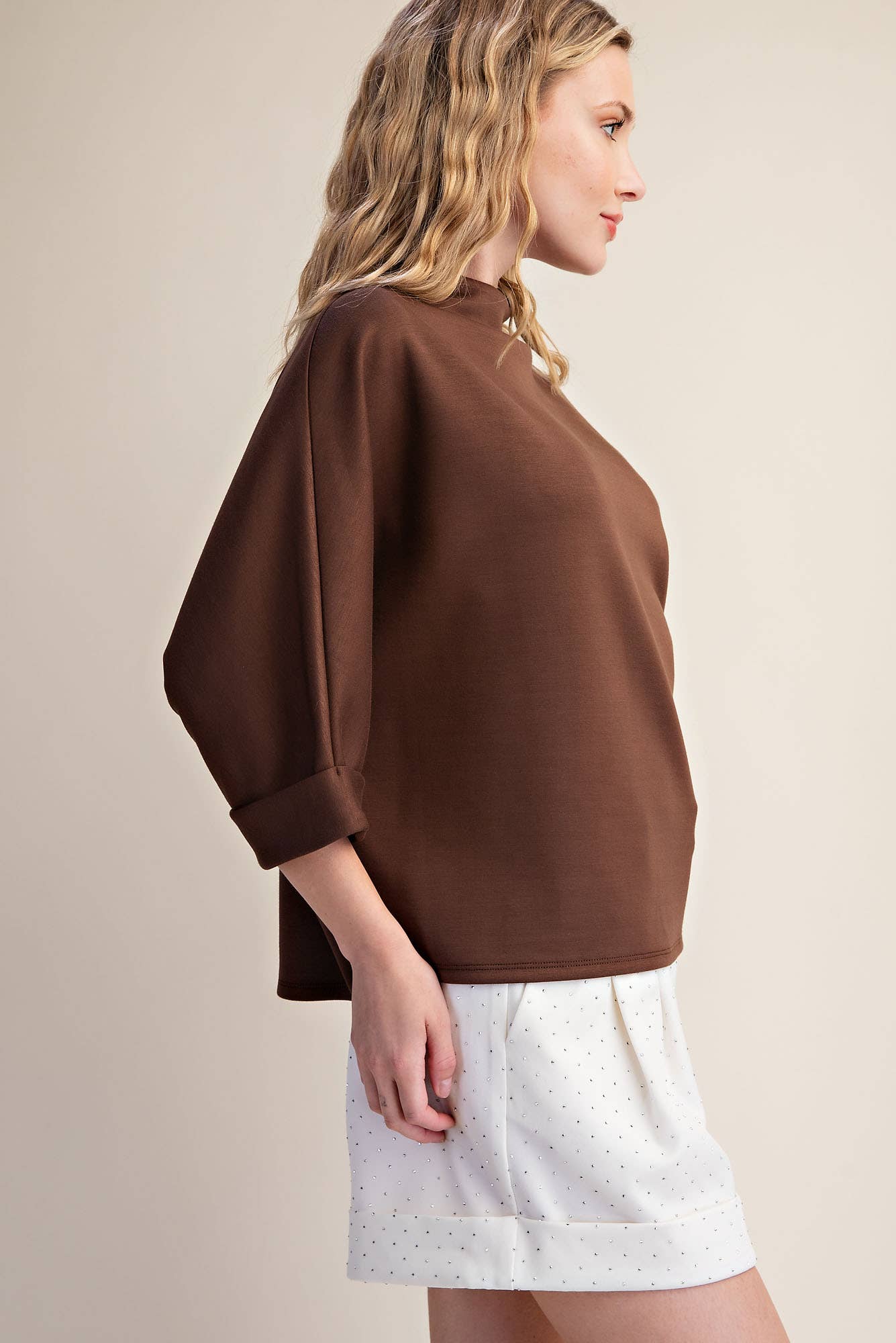 Mock-Neck 3/4 Sleeve Top: Brown